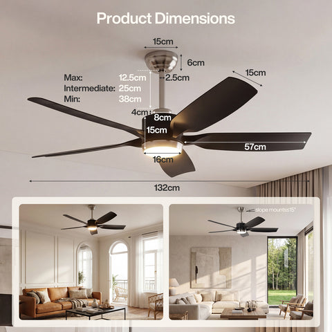 132 cm Tribesigns moderne plafondventilator met licht en afstandsbediening, 5-bladige ventilatorlamp met dimbare ledverlichting voor woonkamer terras en veranda [Energieklasse E]
