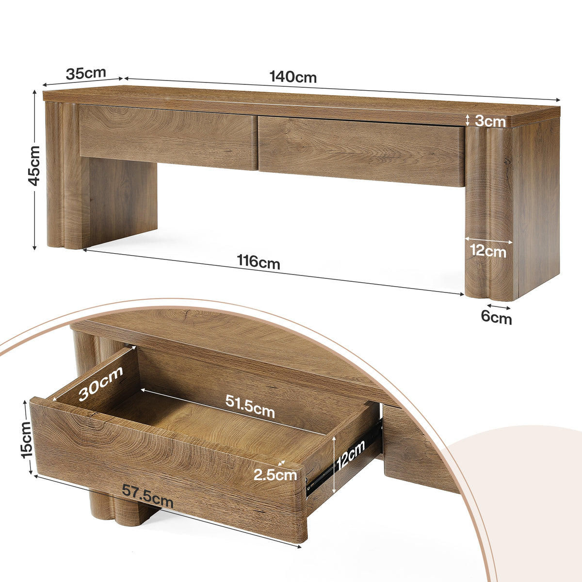 140 cm Tribesigns bedbank met 2 verborgen opberglades, moderne landelijke zitbank in warme eikenlook voor slaapkamer