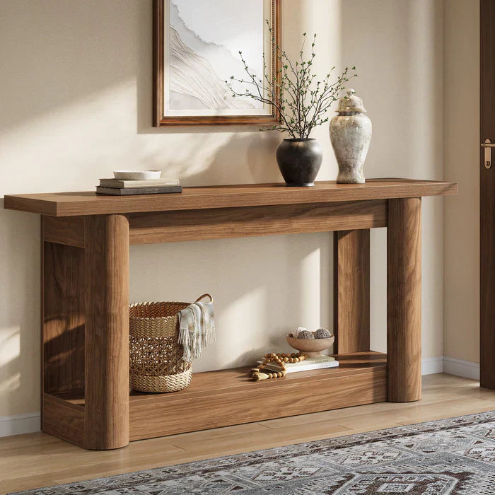 160 cm Landelijke Console met 2 Planken, Smalle Lange Salontafel in Rustiek Bruin voor Hal en Entree
