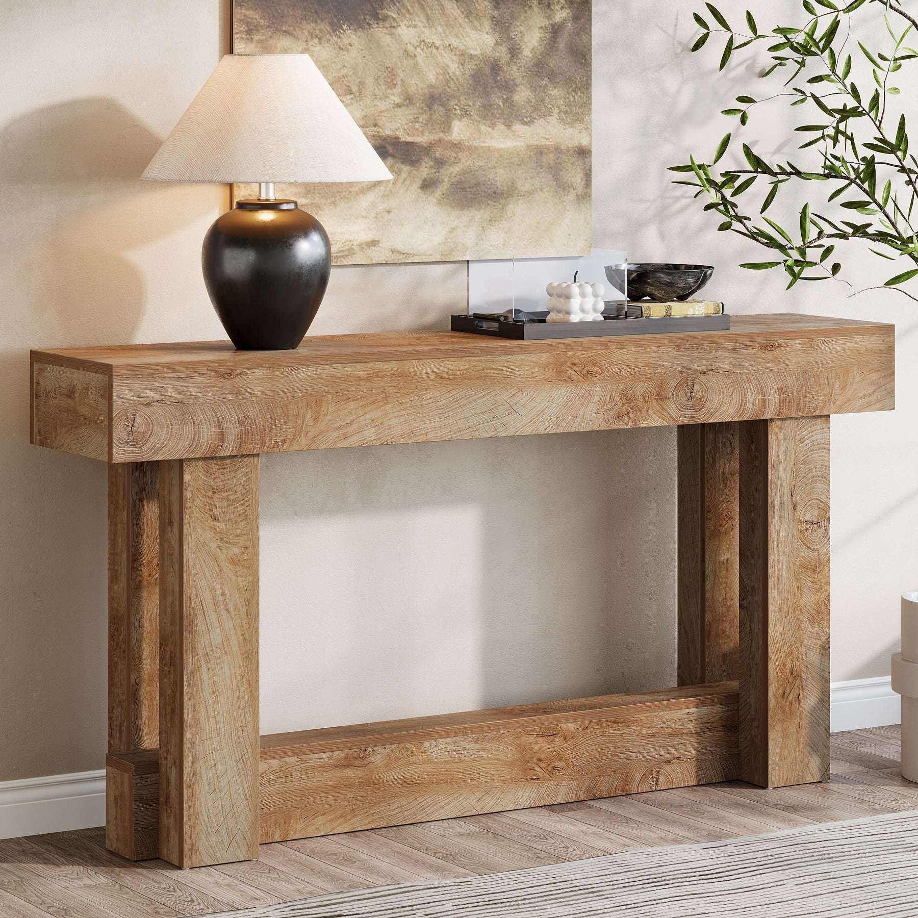 160 cm Lange Consoletafel met Opbergruimte, Tweelaags Bijzettafel in Warmbruin achter de Bank