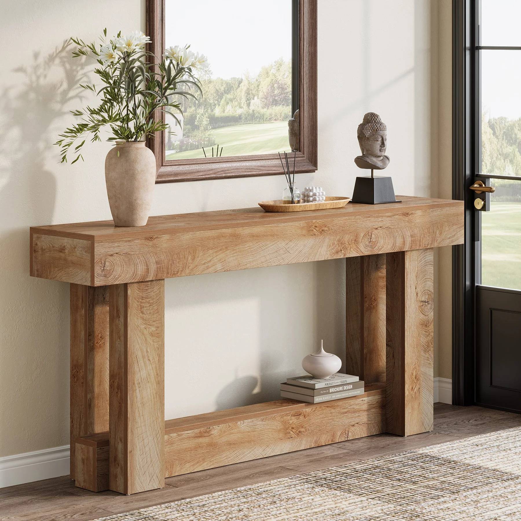 160 cm Lange Consoletafel met Opbergruimte, Tweelaags Bijzettafel in Warmbruin achter de Bank