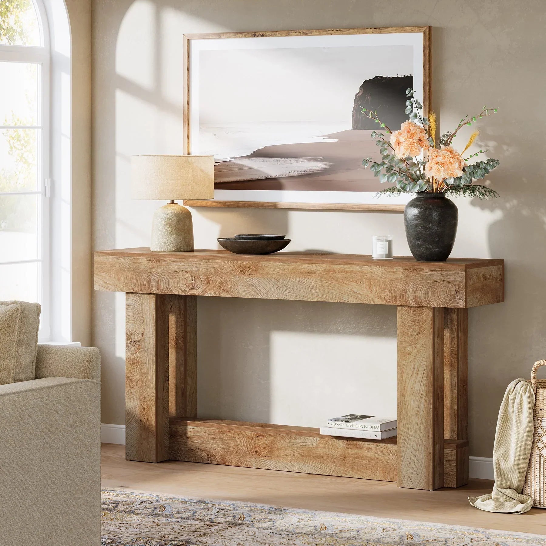 160 cm Lange Consoletafel met Opbergruimte, Tweelaags Bijzettafel in Warmbruin achter de Bank