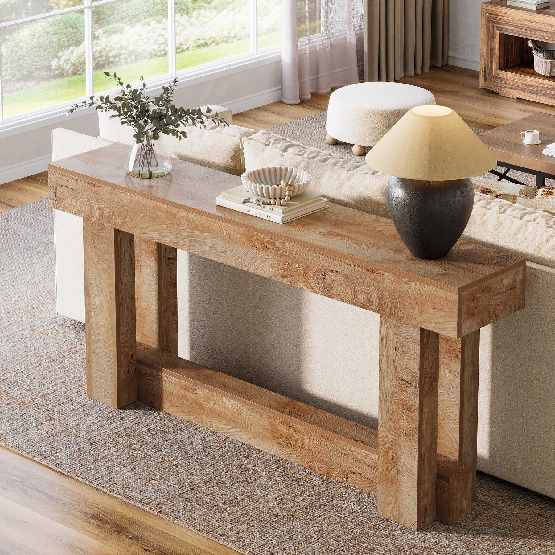 160 cm Lange Consoletafel met Opbergruimte, Tweelaags Bijzettafel in Warmbruin achter de Bank