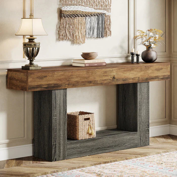 160 cm Boerenstijl Consoletafel, Tweelaagse Entreetafel met Opbergruimte in Rustiek Bruin