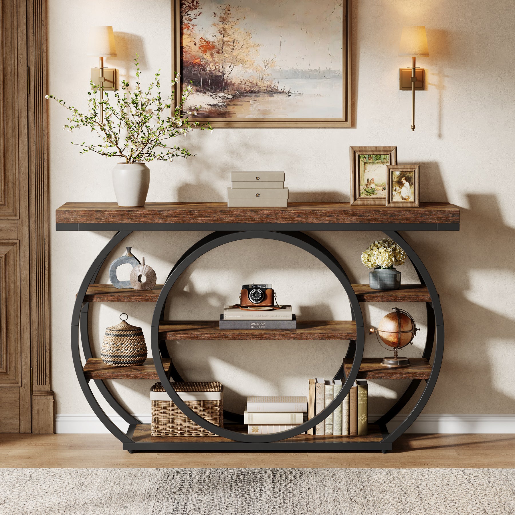 Consoletafel van 120 cm met 5 Lagen in Industrieel Design, Smalle Banktafel voor Woonkamer en Hal in Rustiek Bruin