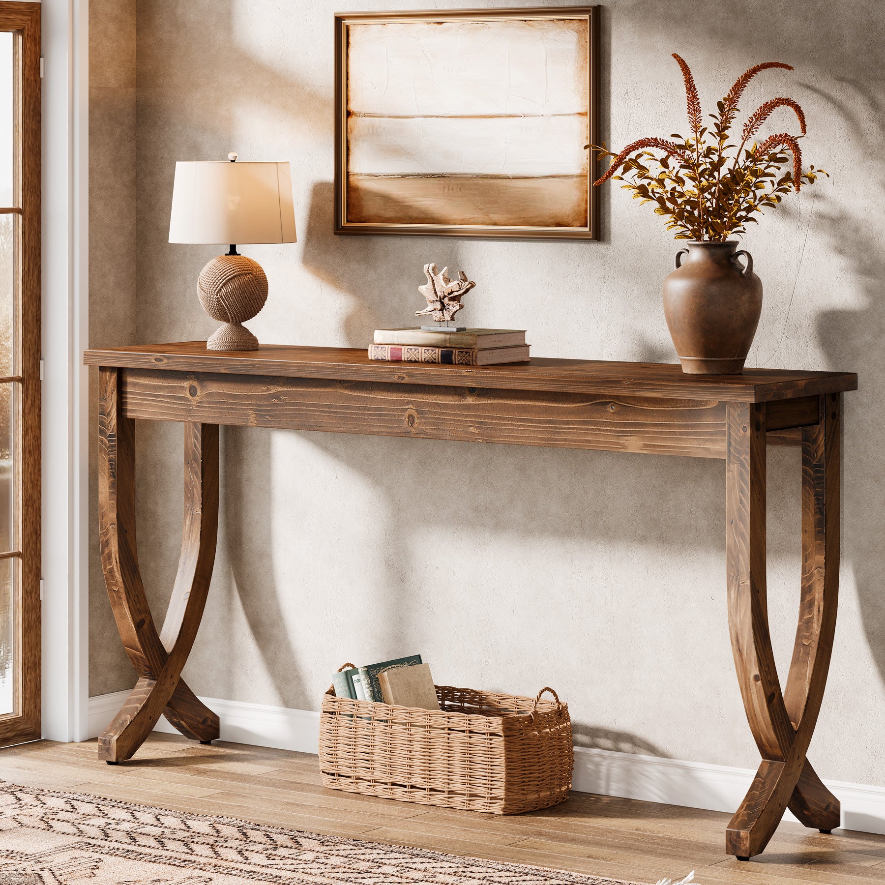 160 cm Massief Houten Consoletafel in Landelijke Stijl, Lange Haltafel voor Woonkamer