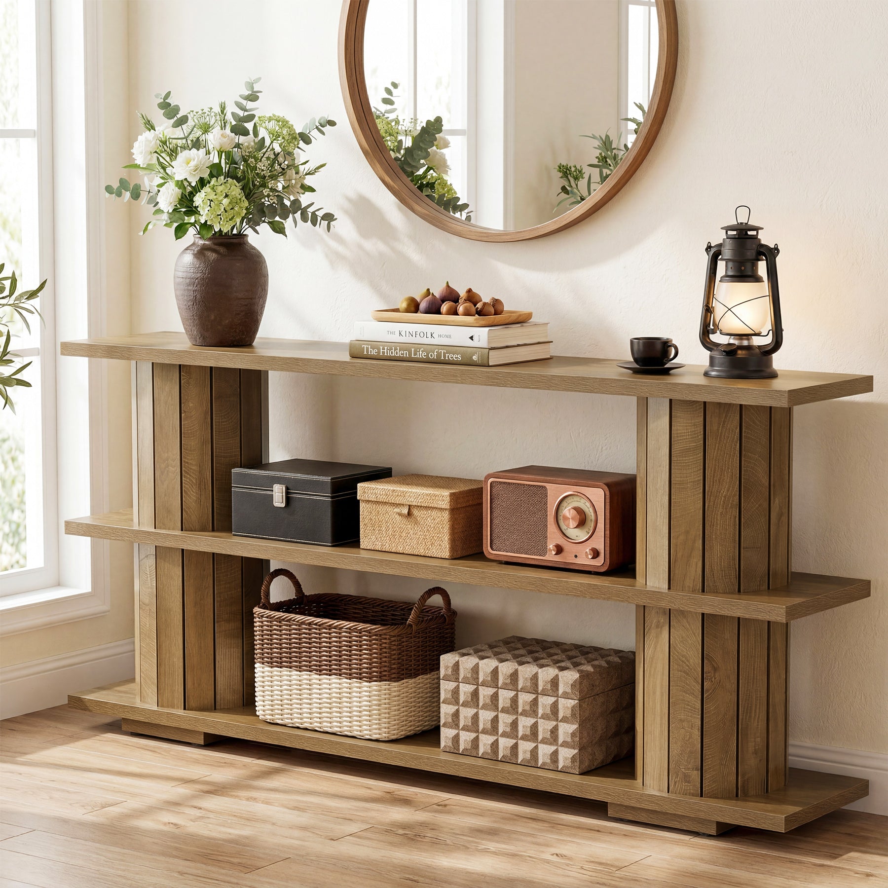 160 cm Consoletafel met 3-Laags Opbergrekken, Lange Haltafel voor Woonkamer en Entree