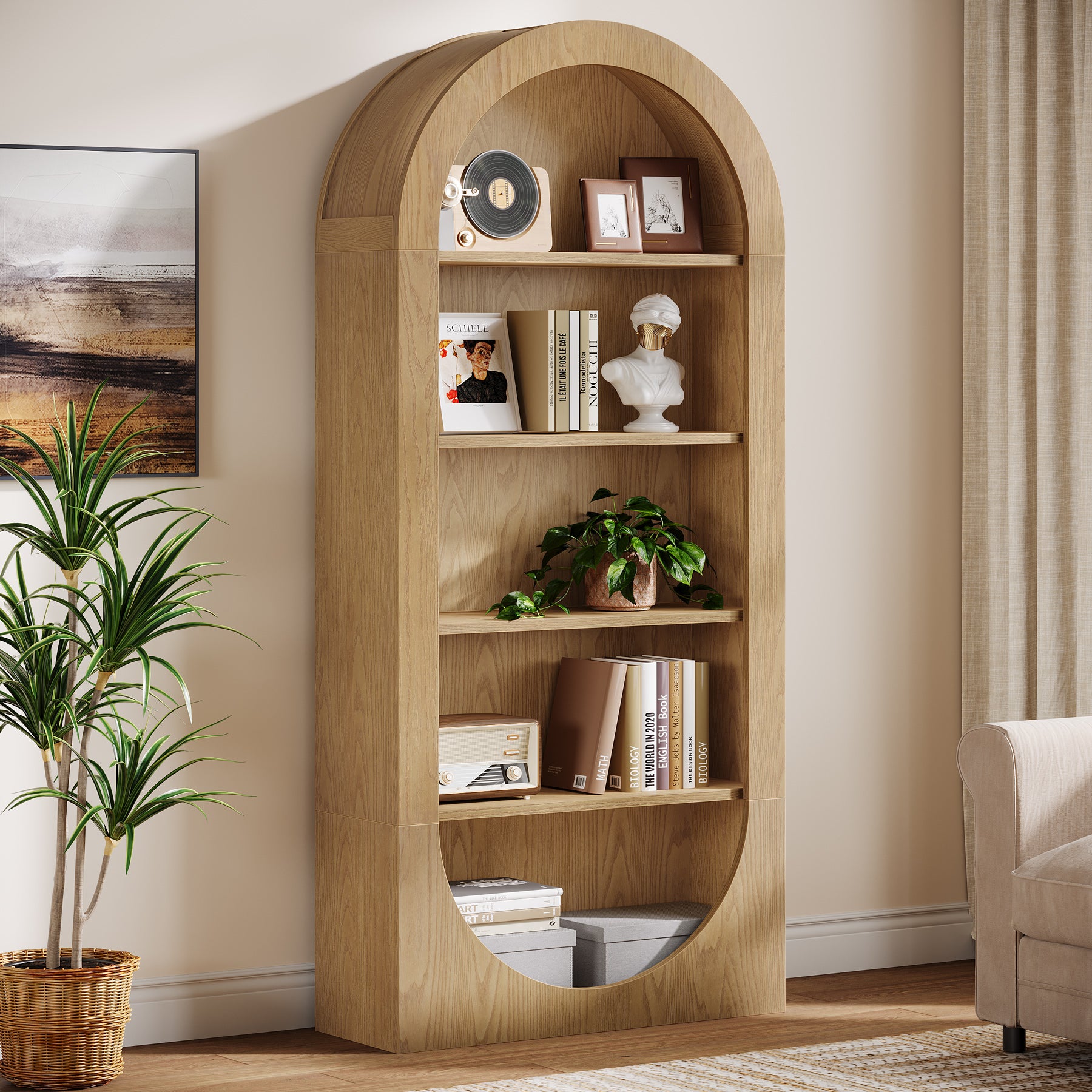 180 cm Hoge Gewelfde Boekenkast, 5-Laags Vrijstaand Boekenrek met Open Planken voor Woonkamer en Kantoor