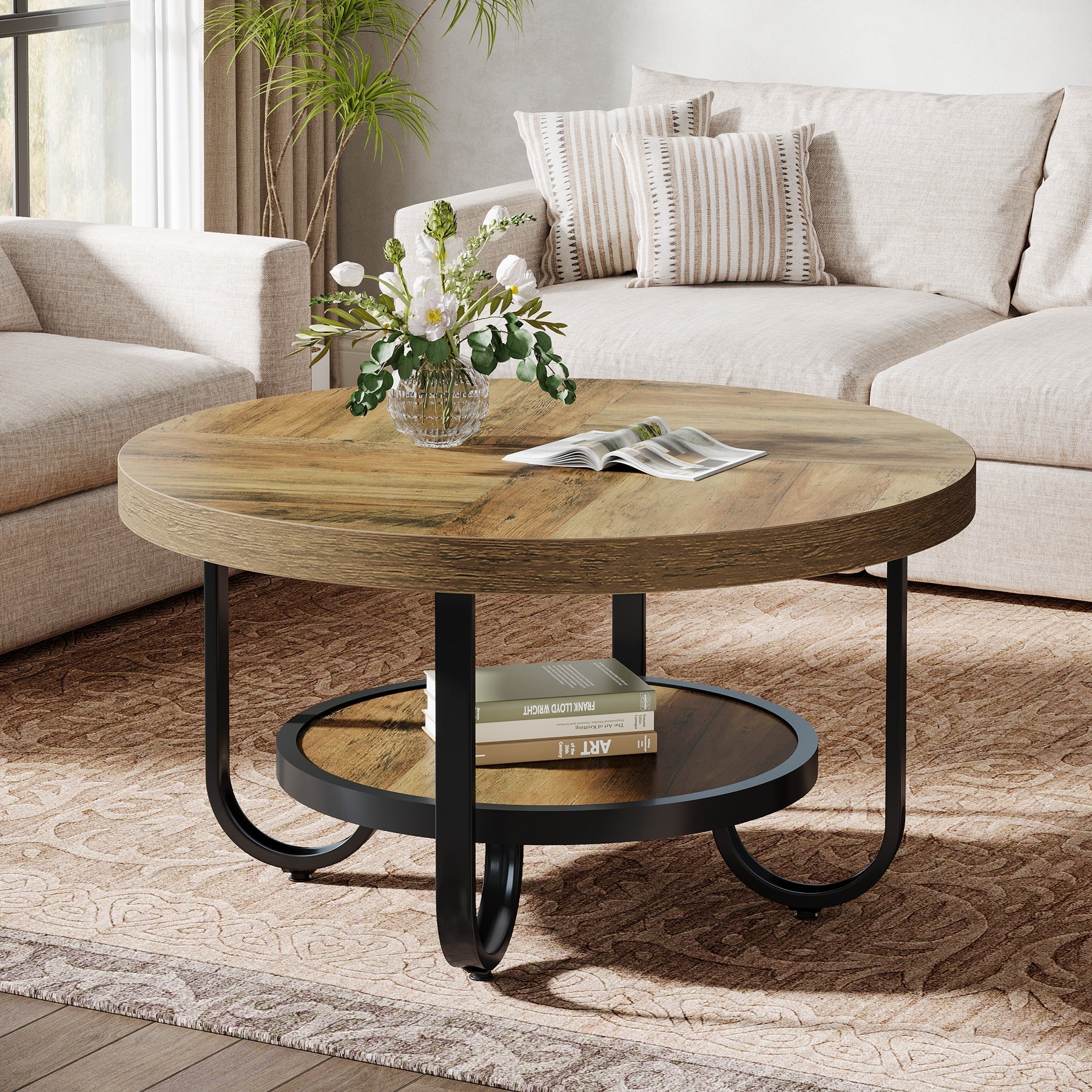 80 cm Ronde Salontafel voor Woonkamer, 2-Laagse Industriële Tafel met Opbergplank