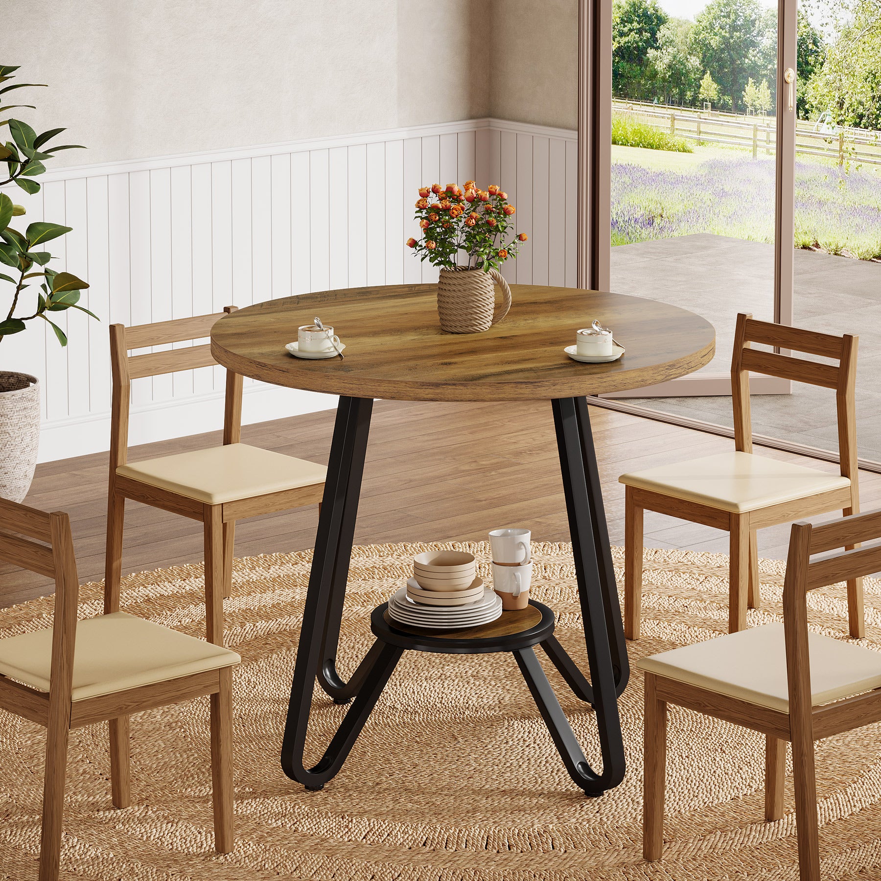 80 cm Ronde Eettafel met Dubbele Legplanken, Industriële Keukentafel voor 2 Personen
