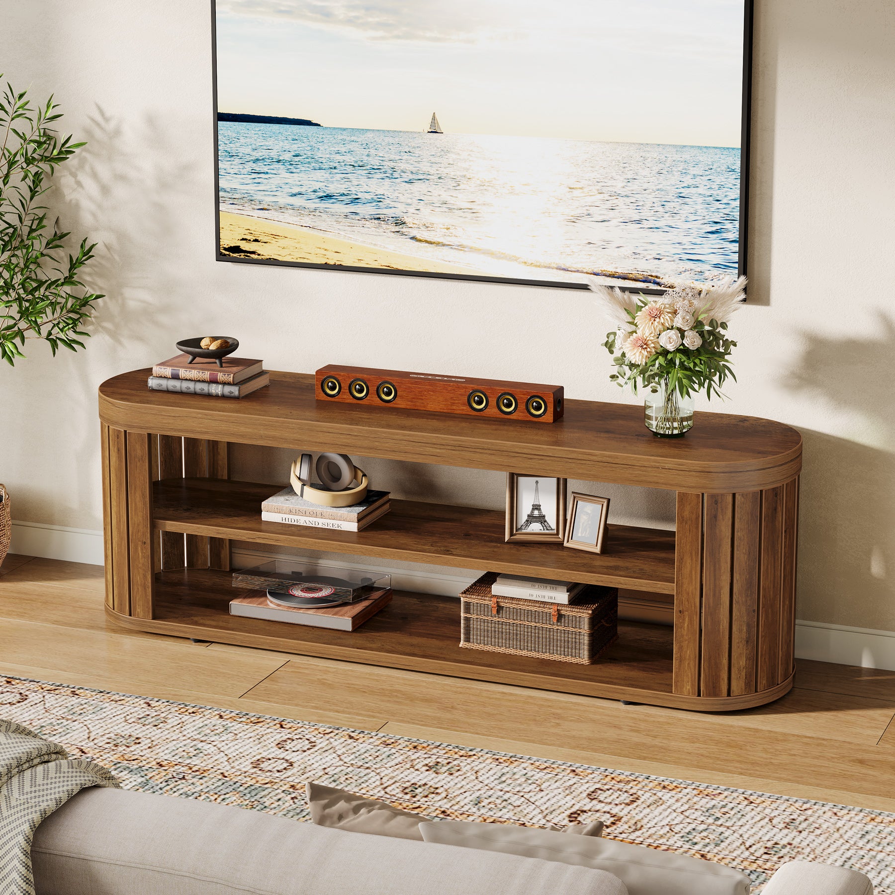 120 cm TV Meubel voor TV tot 55 Inch, Ovale Media Tafel met 2 Niveaus Opbergruimte voor Woonkamer Slaapkamer