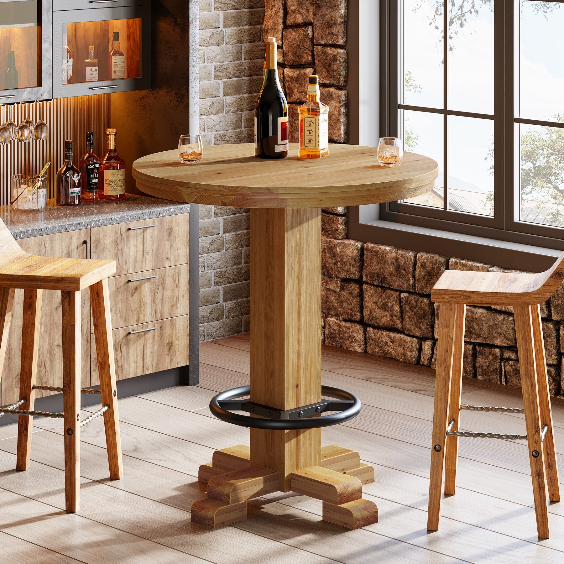 Ronde bartafel van massief hout, 95 cm hoge bistrotafel met metalen voetsteun