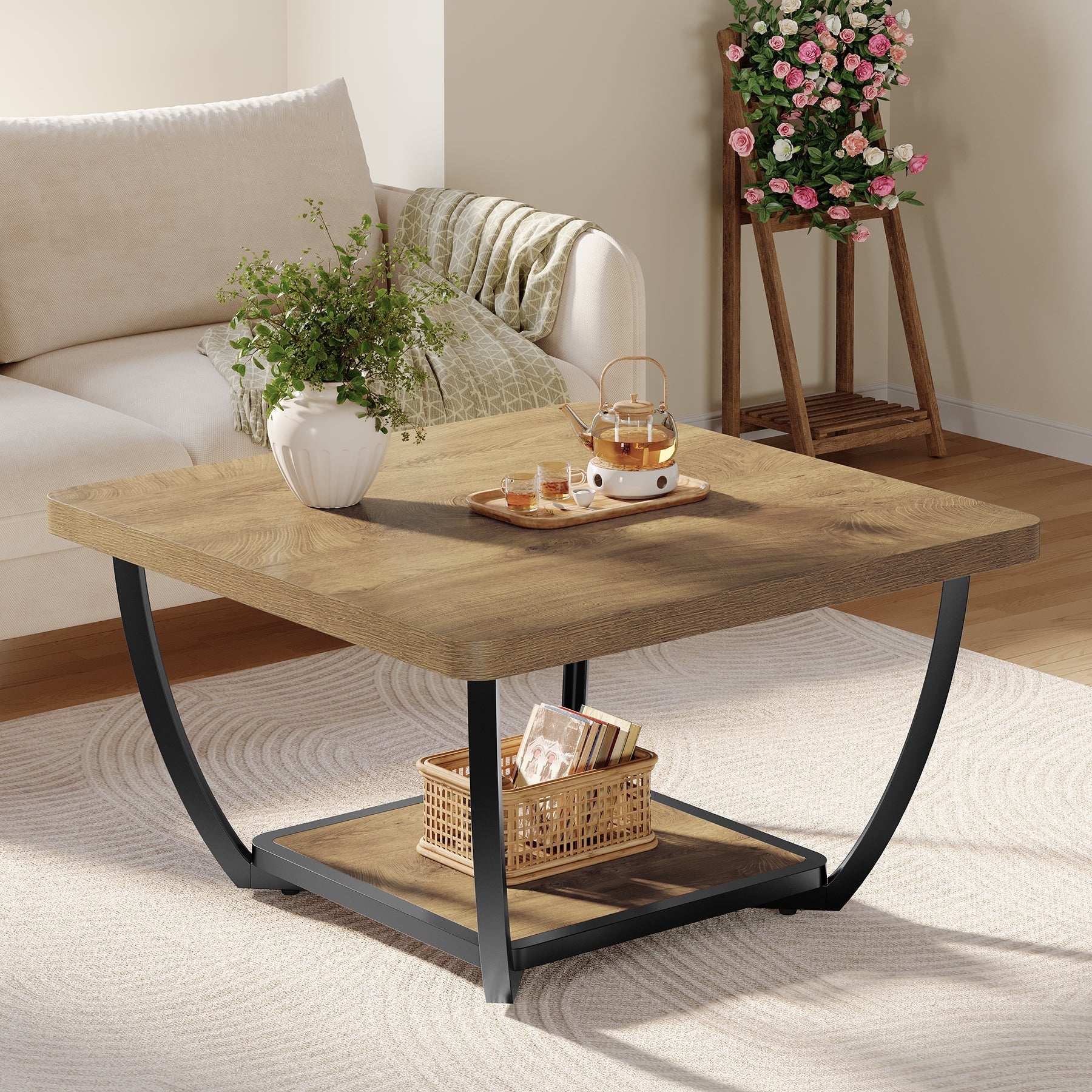 Tribesigns vierkante salontafel 80 cm met opbergplank, tweelaagse woonkamertafel met metalen frame