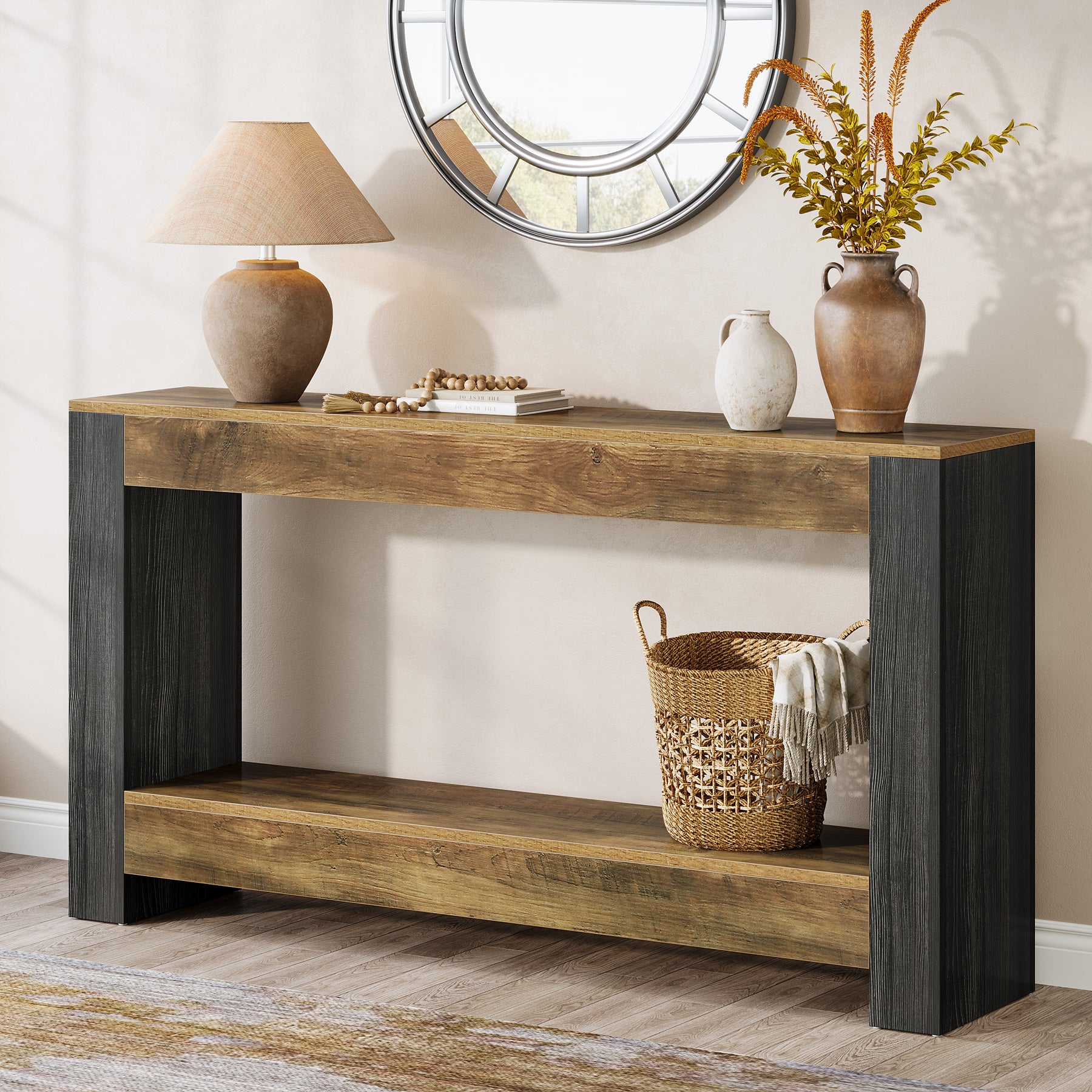 160 cm Landelijke Consoletafel in Rustiek Bruin en Zwart, Houten Sofa- en Haltafel voor Woonkamer en Entree