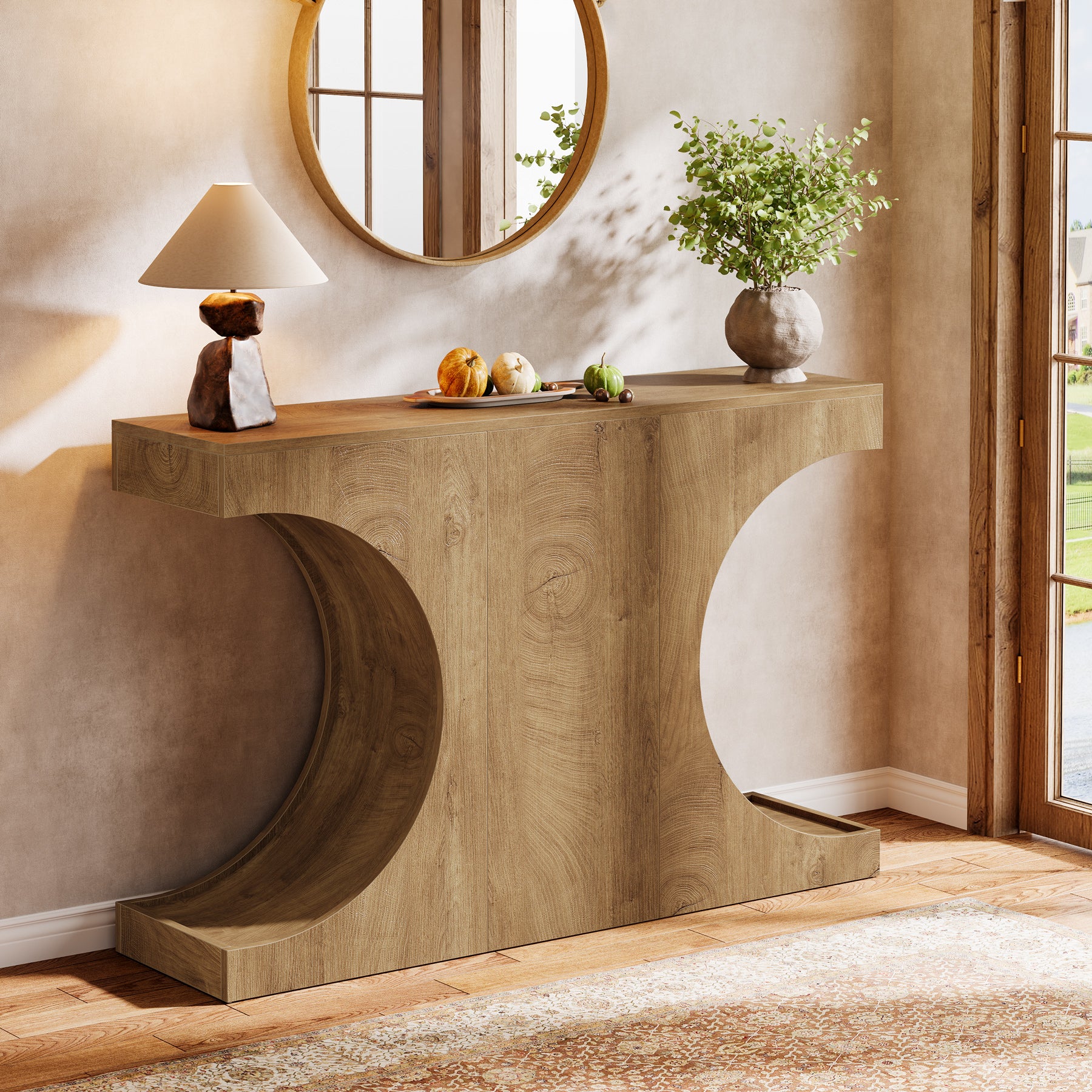 120 cm Landelijke Consoletafel met C-Vormige Poten, Smalle Haltafel van Hout Bruin voor Woonkamer