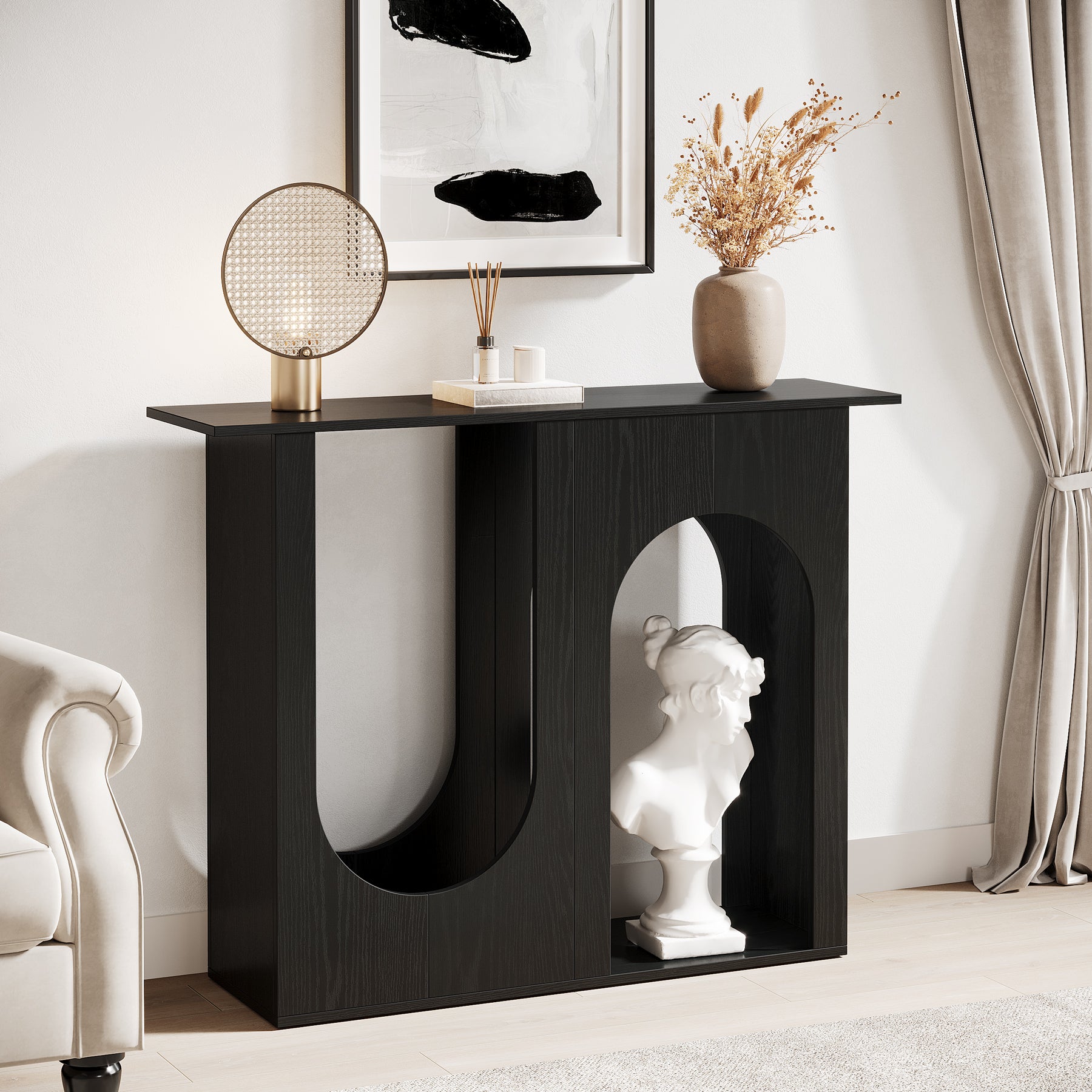100 cm Zwarte Banktafel, Smalle Consoletafel met Gebogen Design voor Entree en Woonkamer