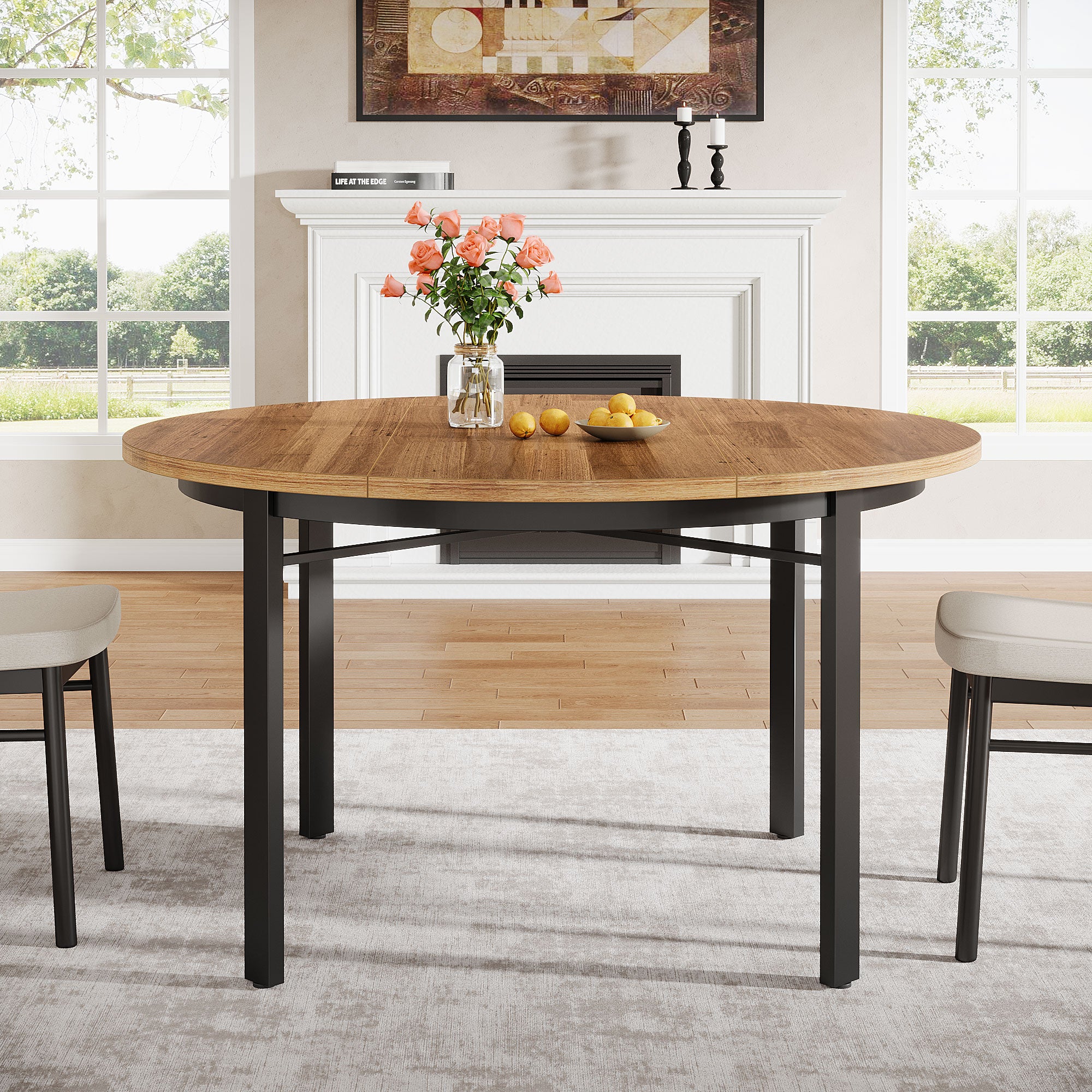 118,5 cm Ronde Eettafel Voor 4-6 Personen, Solide Metalen Poten Voor Keuken of Eetkamer
