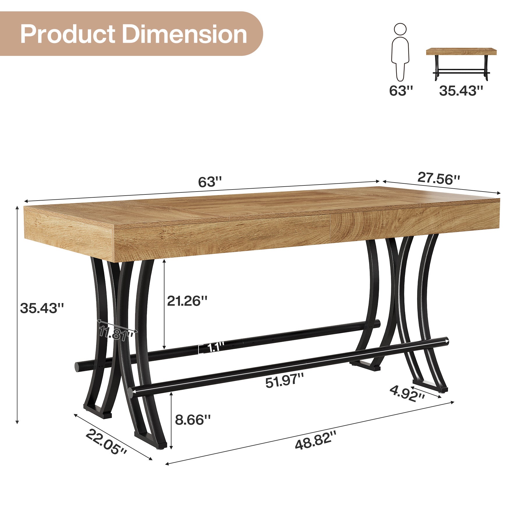 63" Bar Pub Table, Counter Height Kitchen Dining Table with Metal Footrest