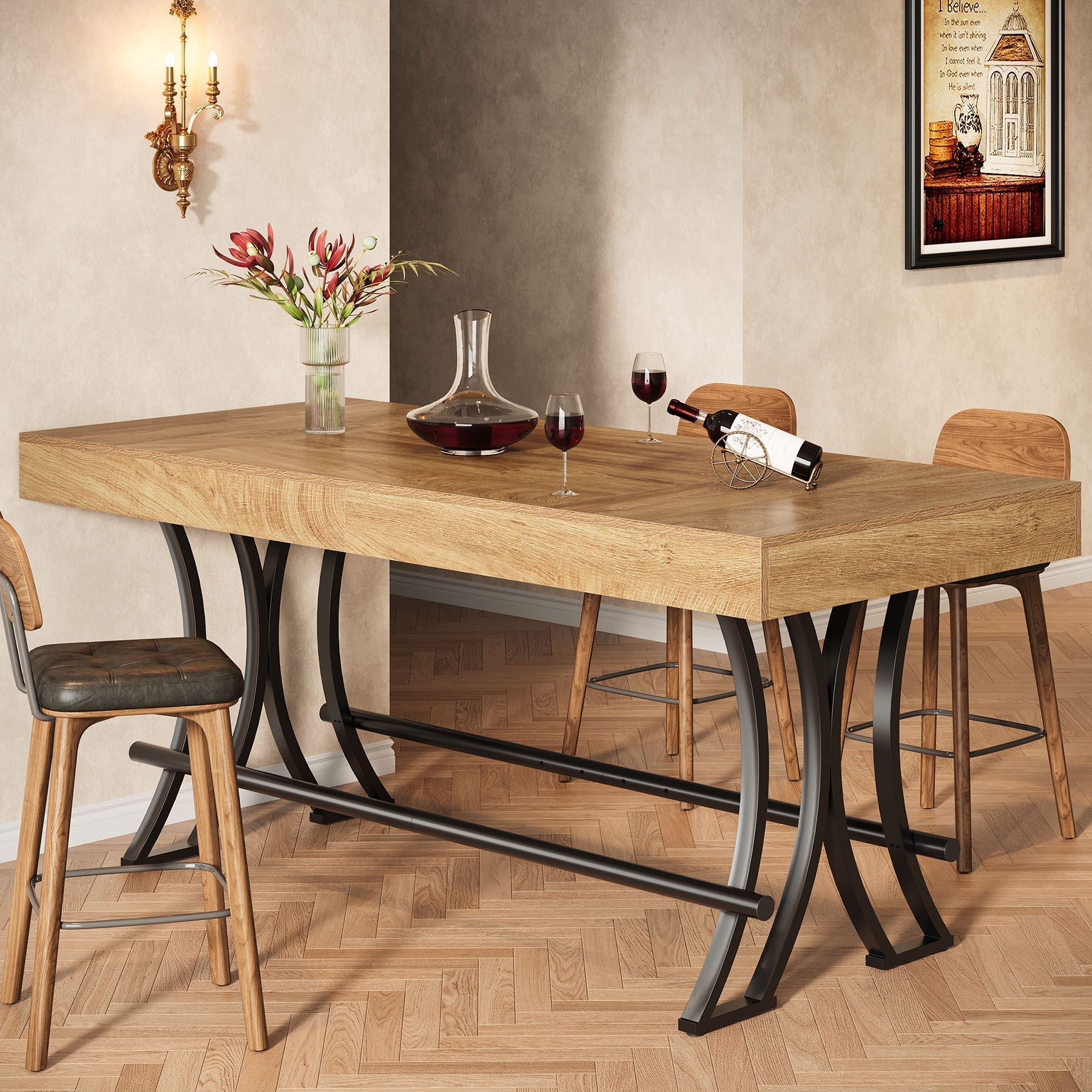 63" Bar Pub Table, Counter Height Kitchen Dining Table with Metal Footrest