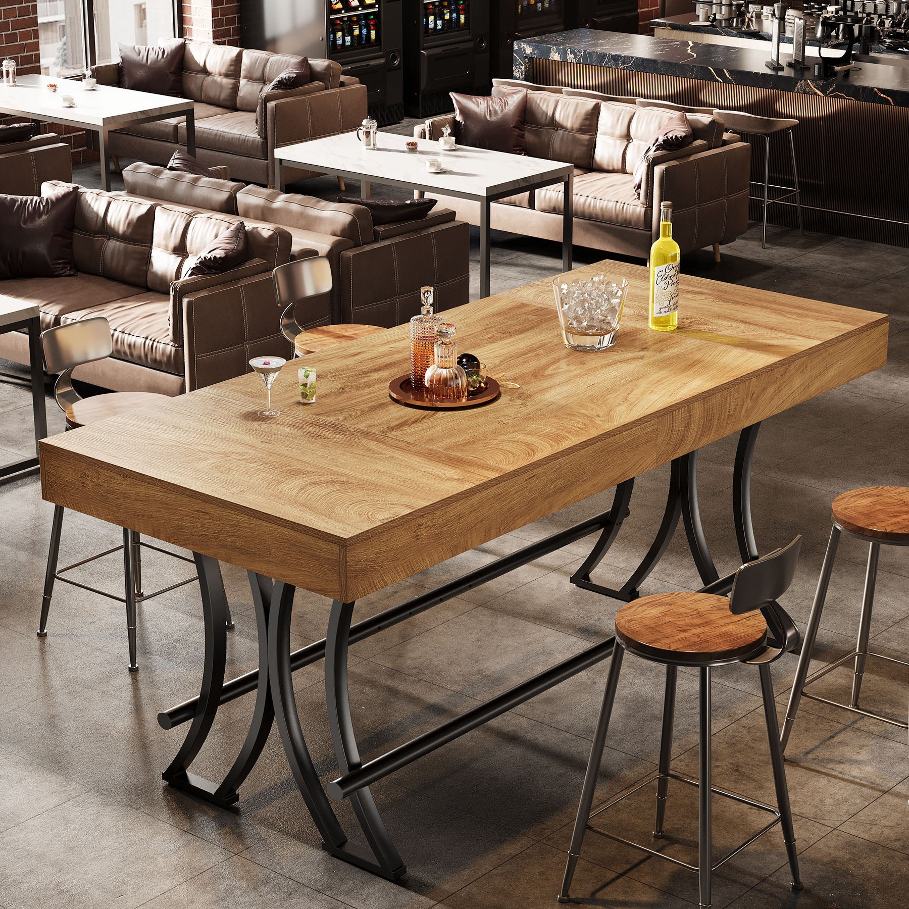 63" Bar Pub Table, Counter Height Kitchen Dining Table with Metal Footrest