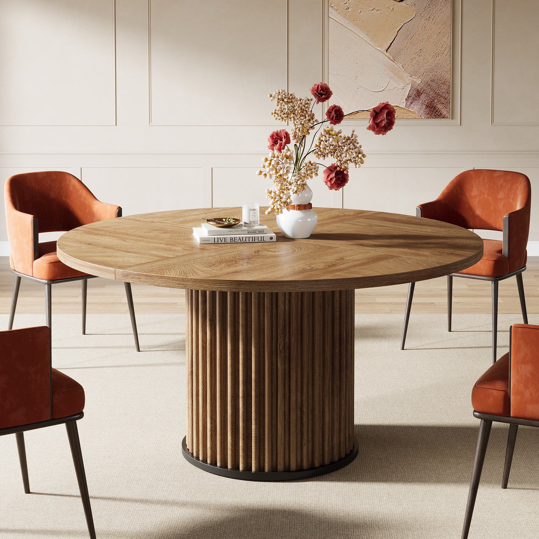 120 cm Zwarte Ronde Eettafel voor 4-6 Personen, Moderne Keukentafel met Metalen Basis