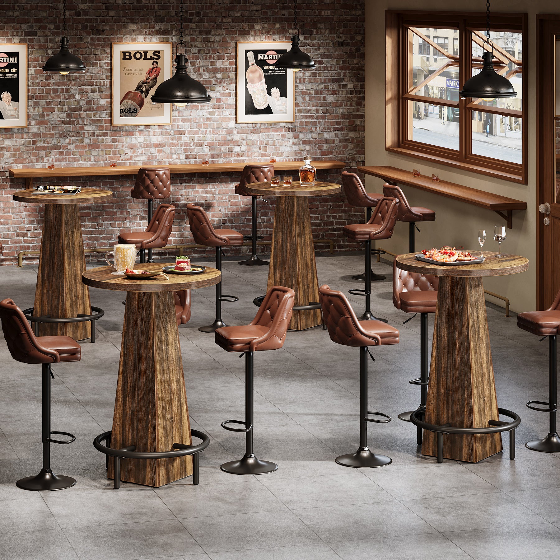 95 cm Ronde Bartafel met Metalen Voetring, Houten Bistro Statafel