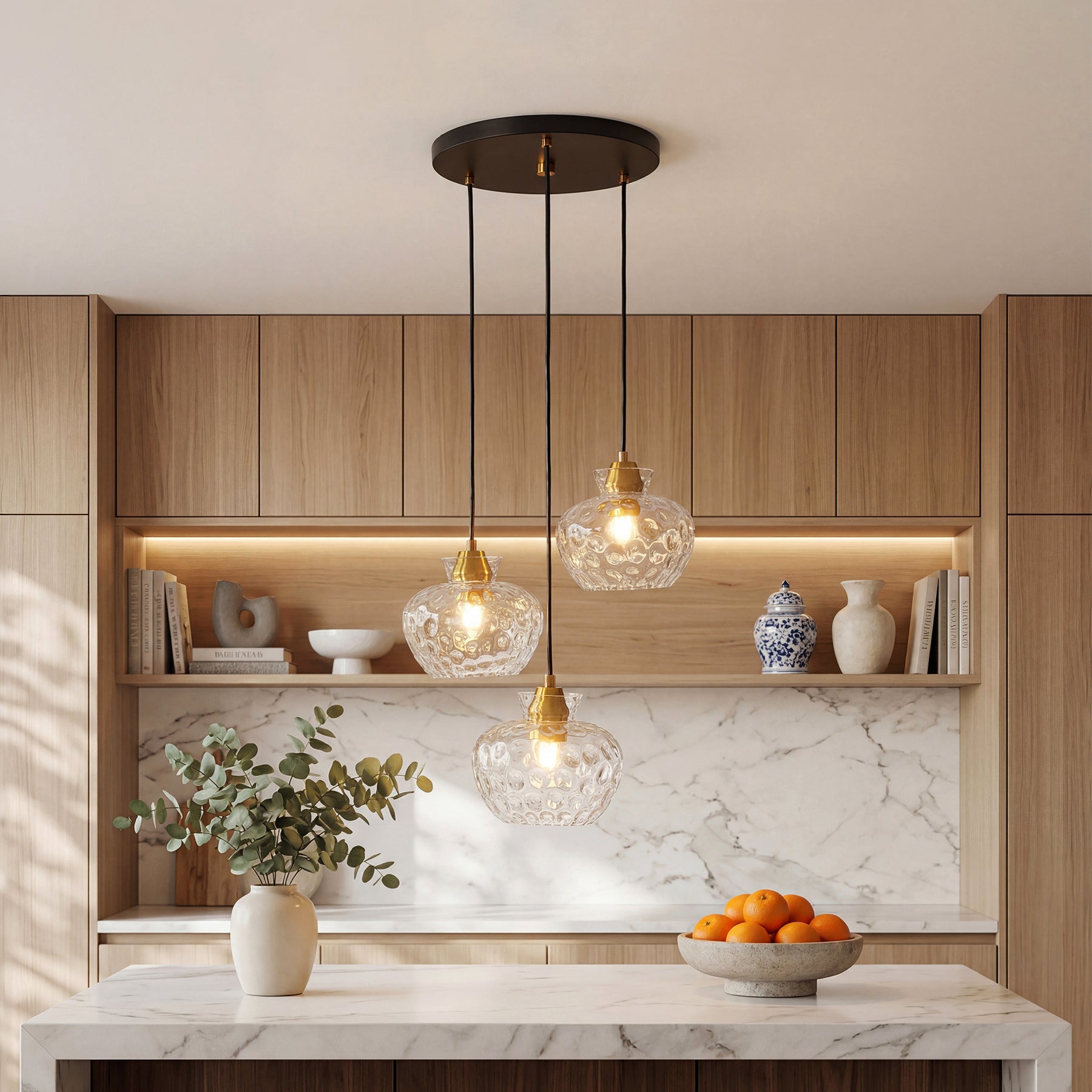 152 cm Tribesigns 3-lichts pendellamp met geribbeld glas en E27 fitting, in hoogte verstelbare vintage hanglamp voor eettafel, keuken en woonkamer [Energieklasse E]