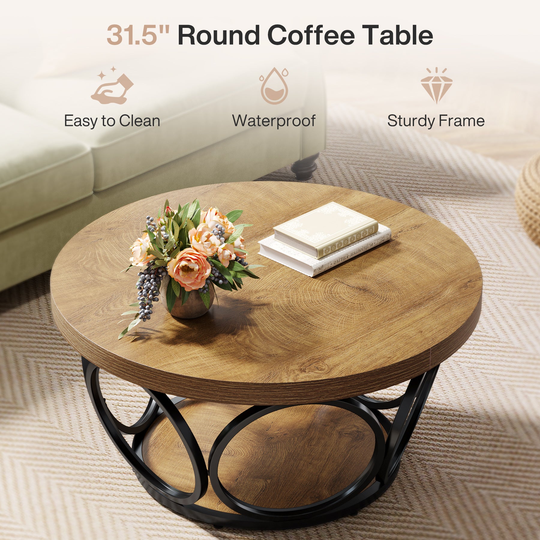 80 cm Ronde Salontafel, Landelijke Tafels met Dubbele Opbergplanken in Houtstructuur