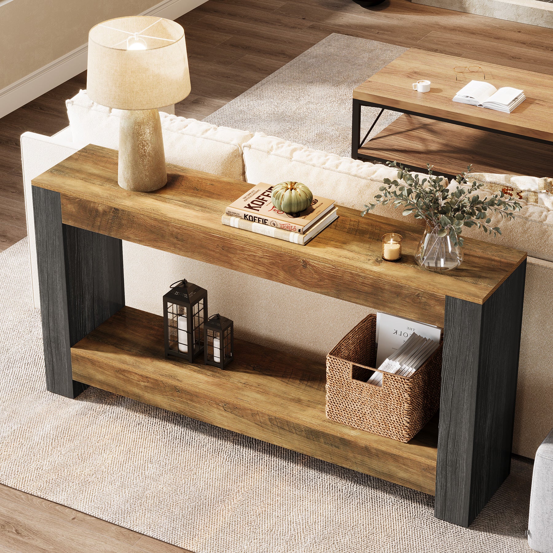 160 cm Landelijke Consoletafel in Rustiek Bruin en Zwart, Houten Sofa- en Haltafel voor Woonkamer en Entree