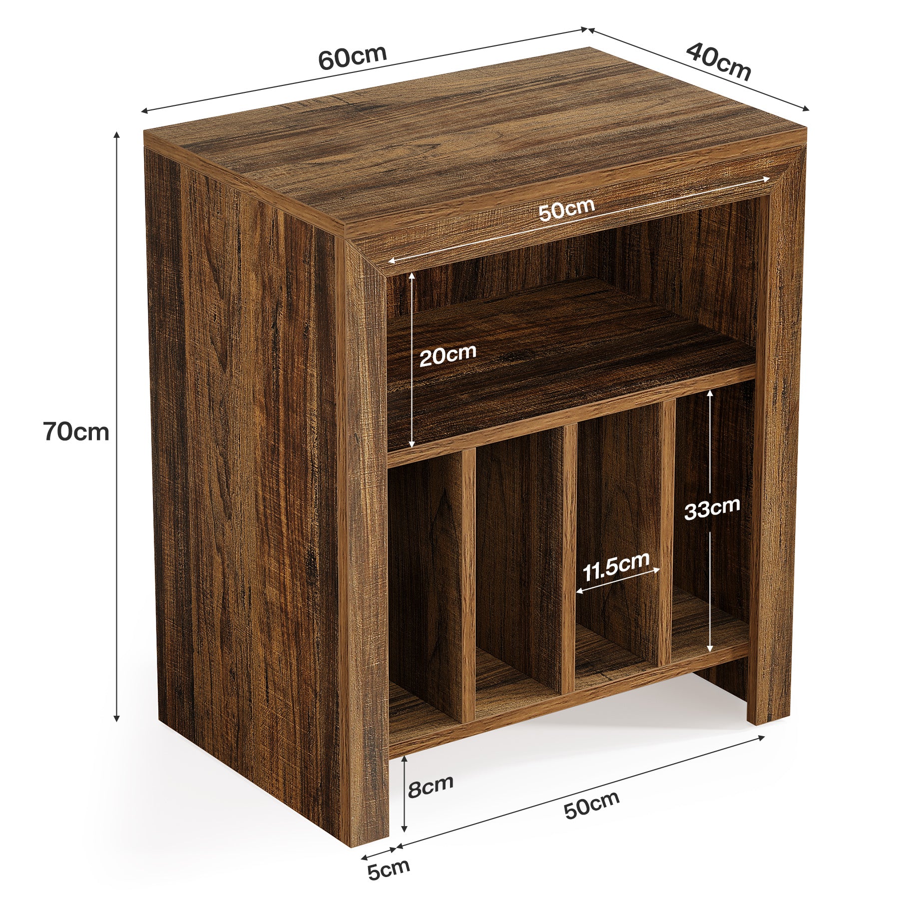 60 cm Vinylplaten Bijzettafel met 3 Etages, Industrieel Opbergmeubel in Rustiek Bruin