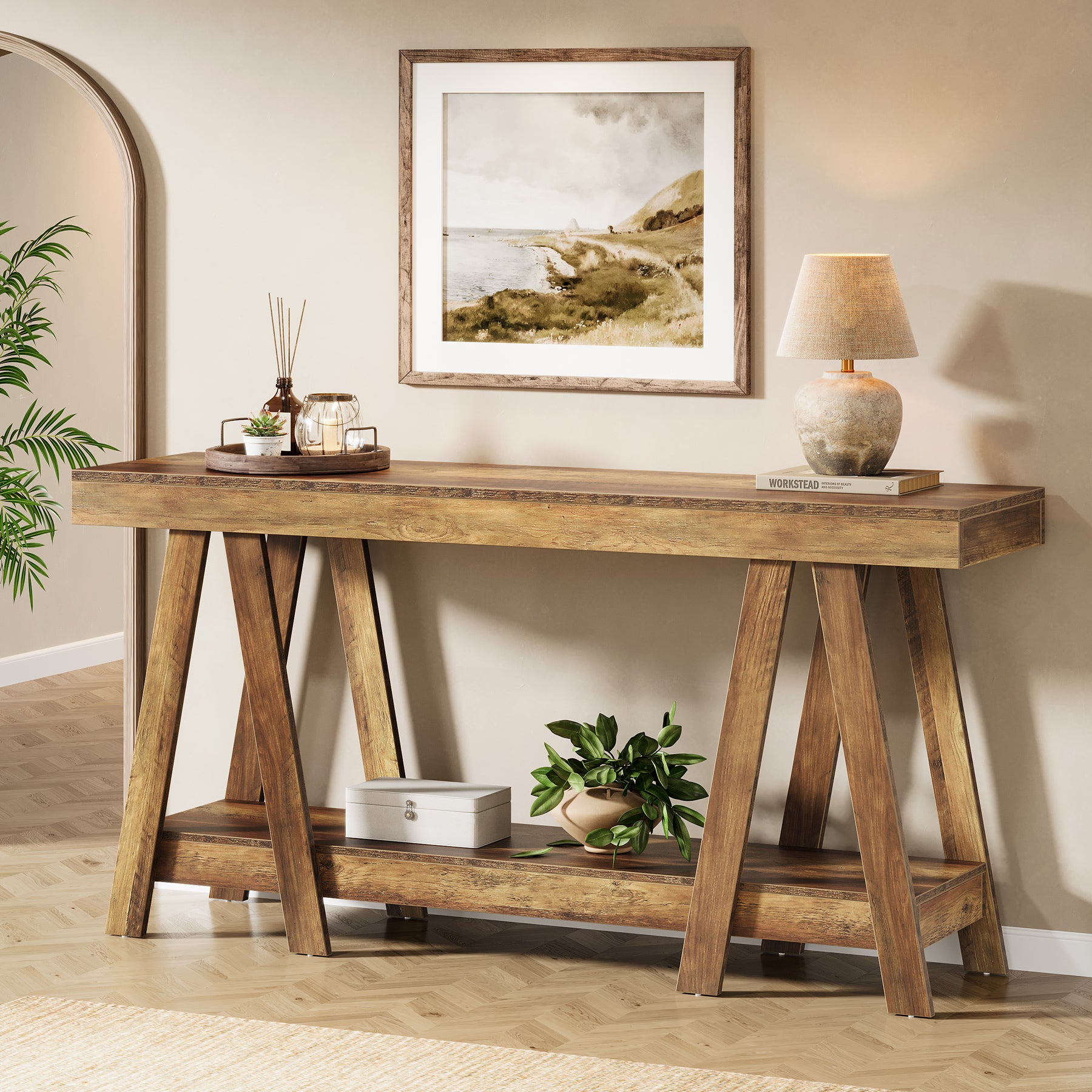 180 cm Landelijke Consoletafel met 2 Lagen, Accenttafel voor Hal en Achter Bank