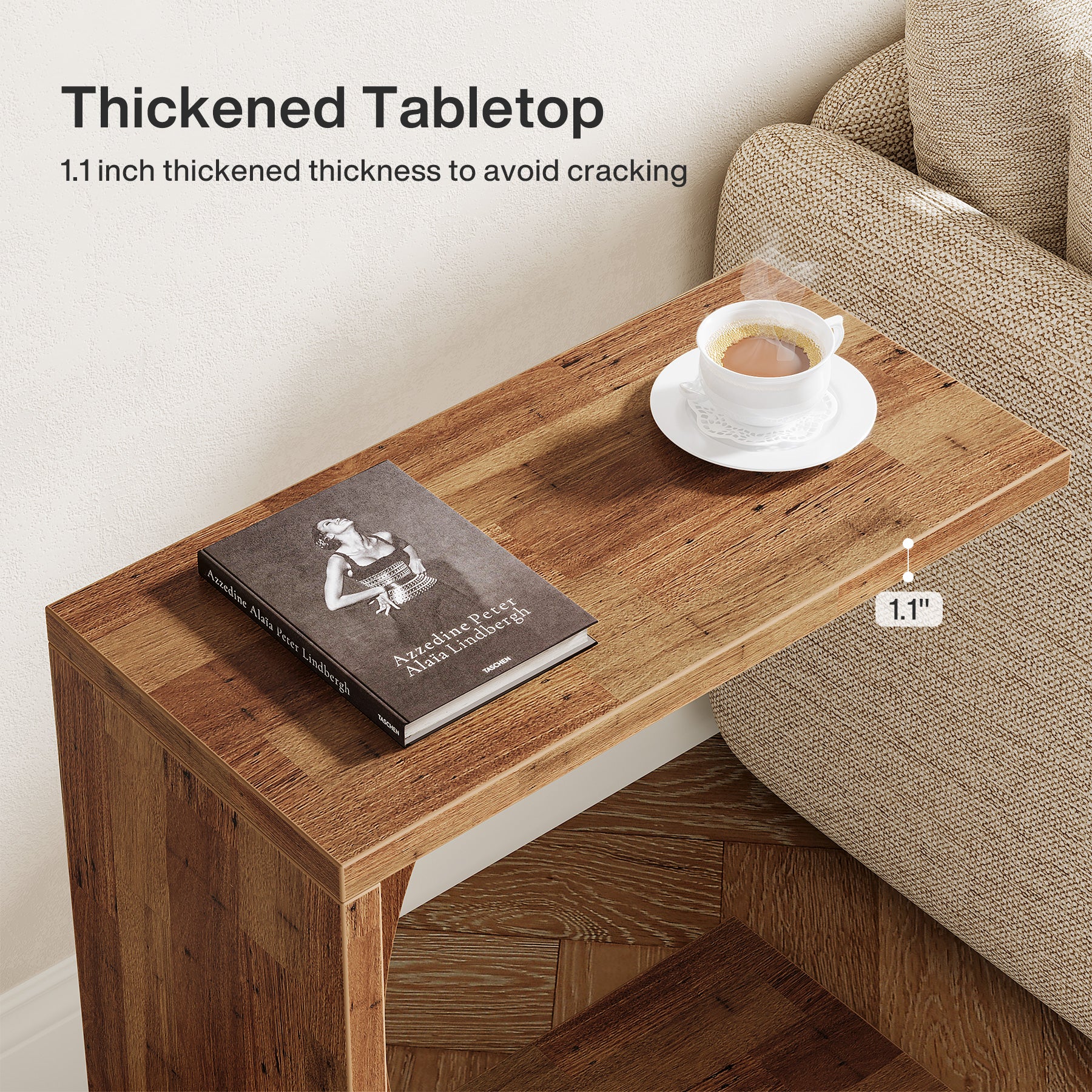 C-vormige Bijzettafel van Hout, Smalle Rustieke Tafel met Dienblad voor Woonkamer