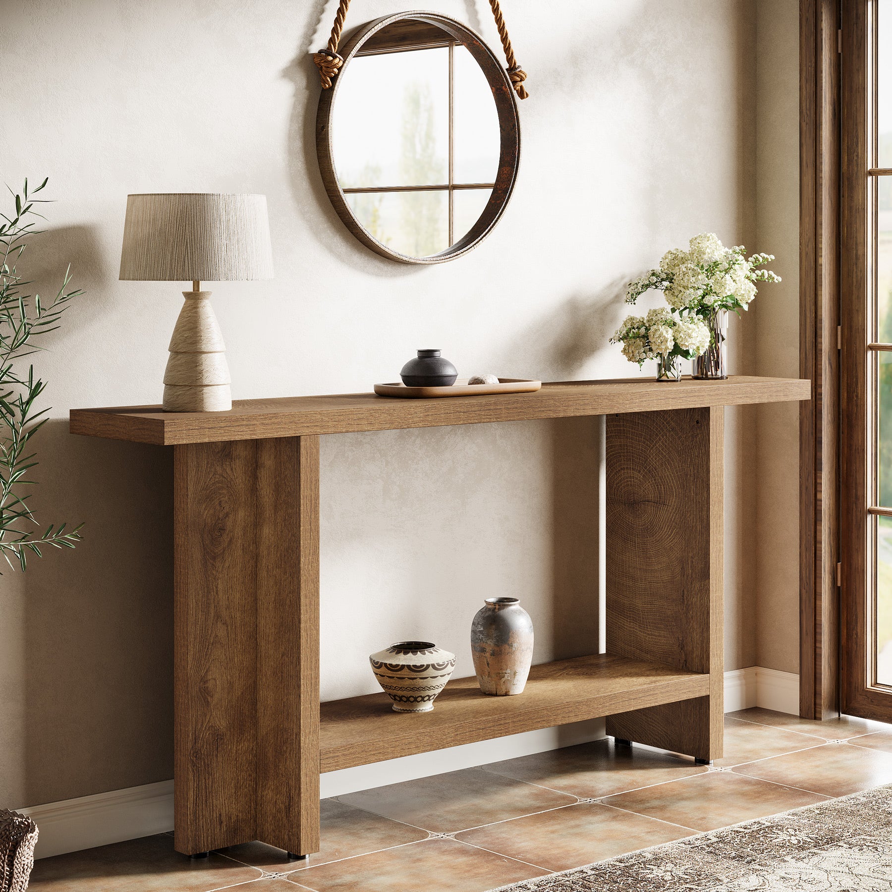 Smal Design Console Meubel, 150 cm Lange Tafel met Plank voor Entree en Woonkamer