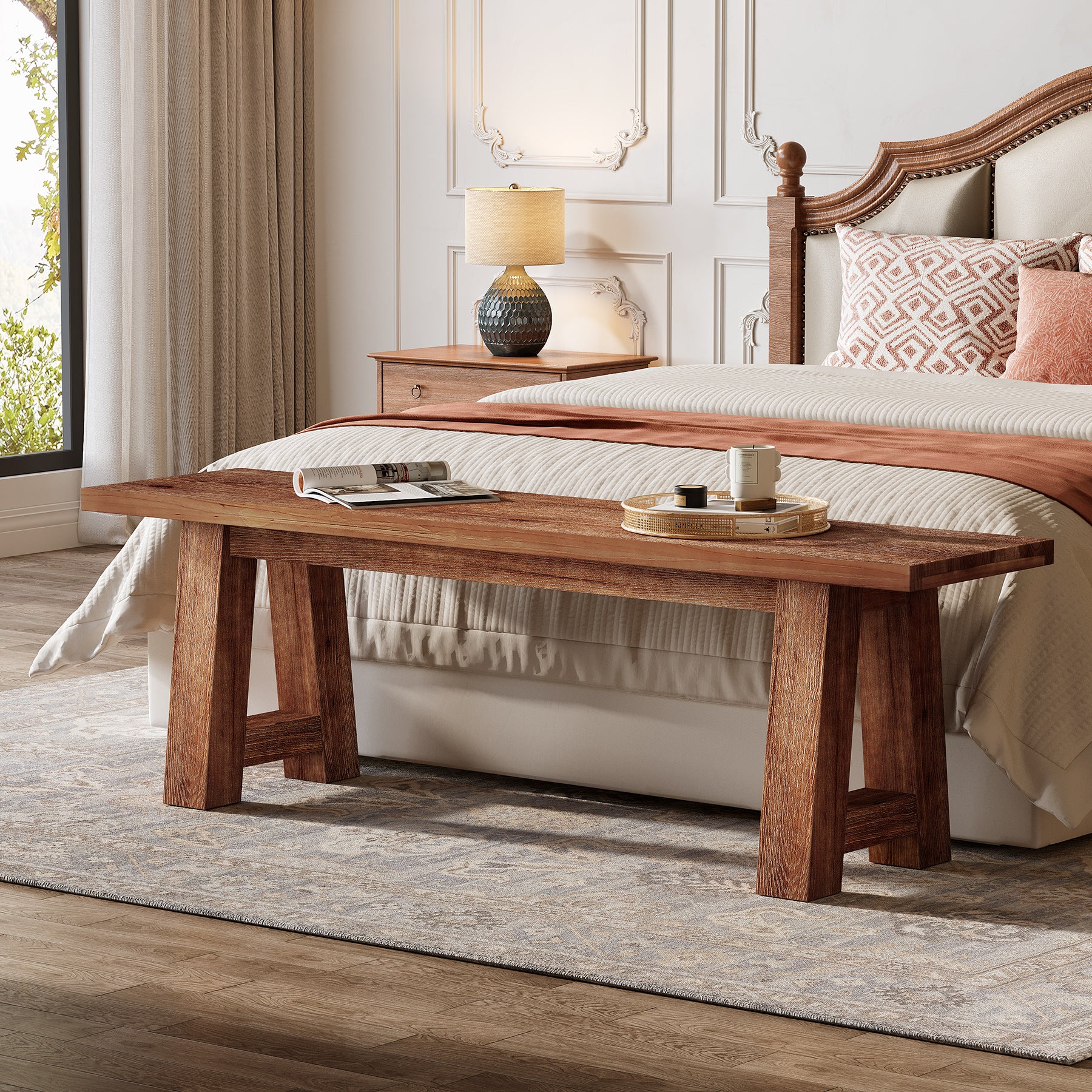 140 cm massief houten bank, landelijke schoenenbank voor in de hal en woonkamer