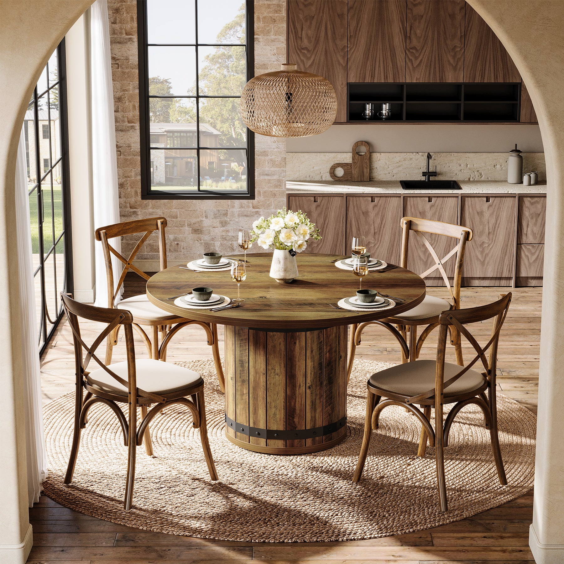 100 cm Ronde Boerderij Eettafel voor 4 Personen, Met Gelamineerd Blad en Hekwerk Basis in Landelijk Bruin
