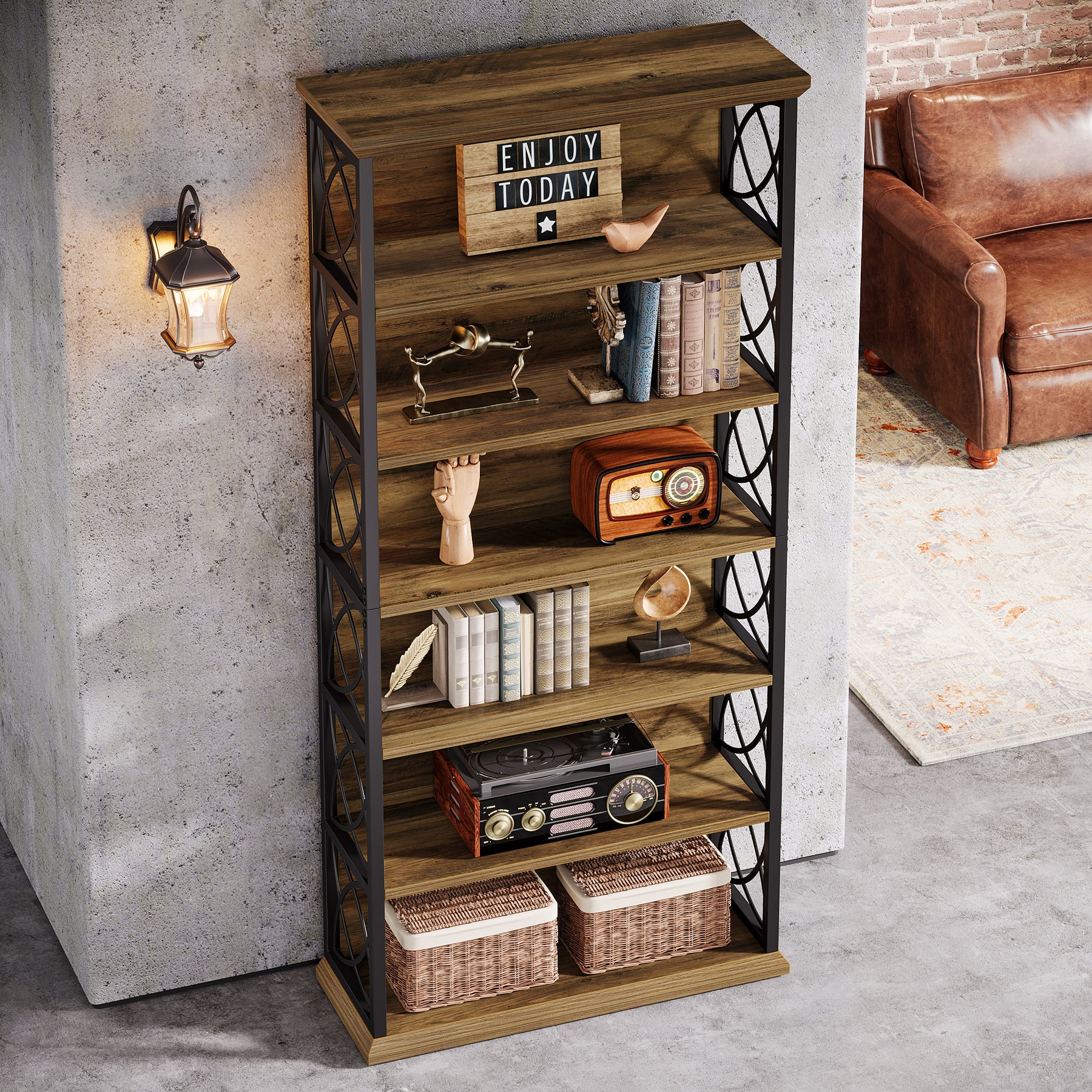 185 cm Hoge Industriële Boekenkast, 6 Planken Open Etagère in Hout en Metaal voor Woonkamer
