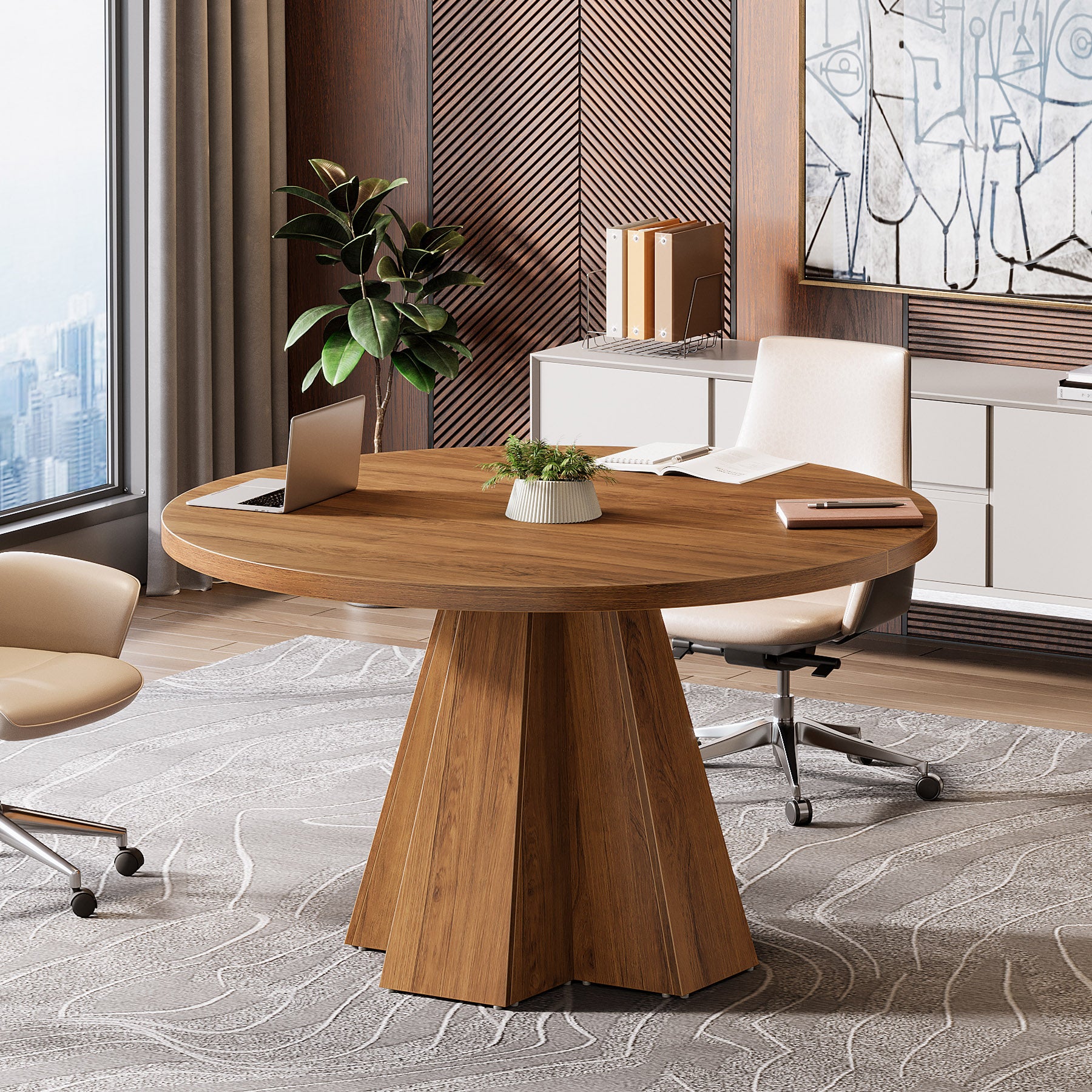 Tribesigns Ronde Conferentietafel 118 cm met Dik Tafelblad, Compacte Vergadertafel met Taps Toelopende Basis voor Kantoor en Kleine Ruimtes