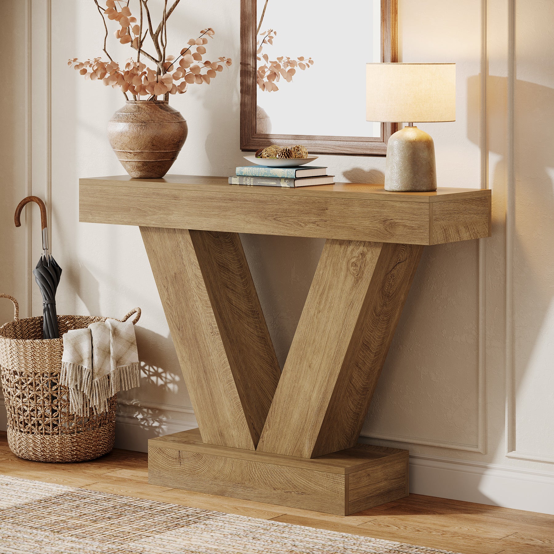 105 cm Consoletafel met V-vormige Poten, Smalle Haltafel voor Woonkamer en Entree in Bruin