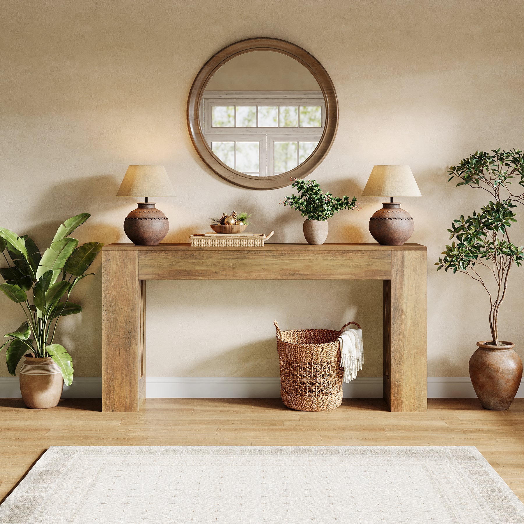 160 cm Consoletafel, Smalle Banktafel met 2 Laden en X-vormige Poten