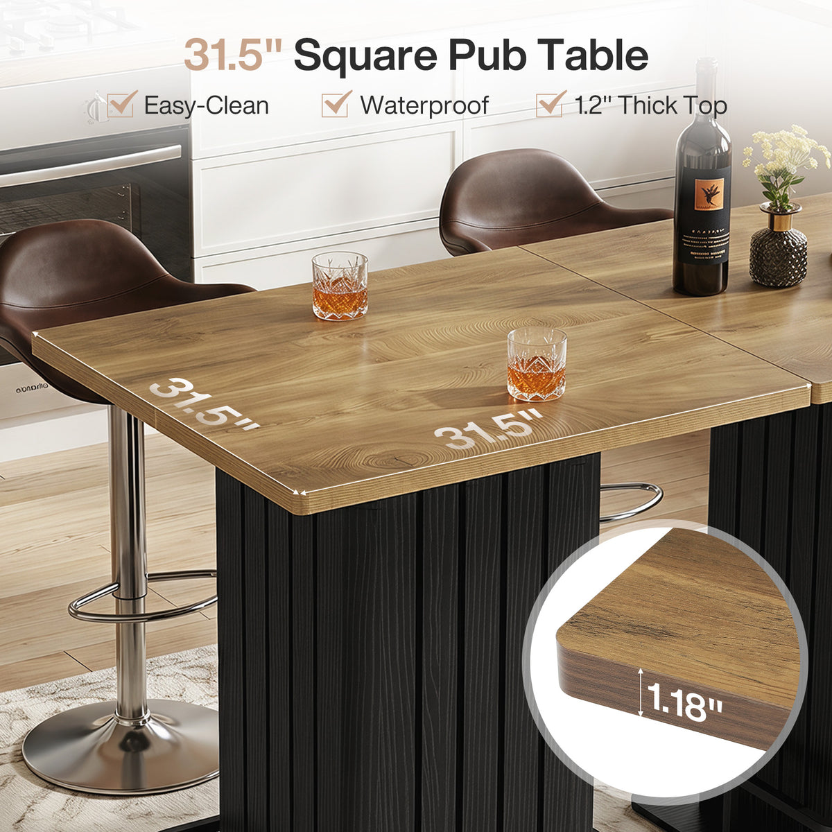 80 cm Vierkante Bartafel met Metalen Voetsteun, Industriële Hoge Tafel voor Keuken en Thuisbar