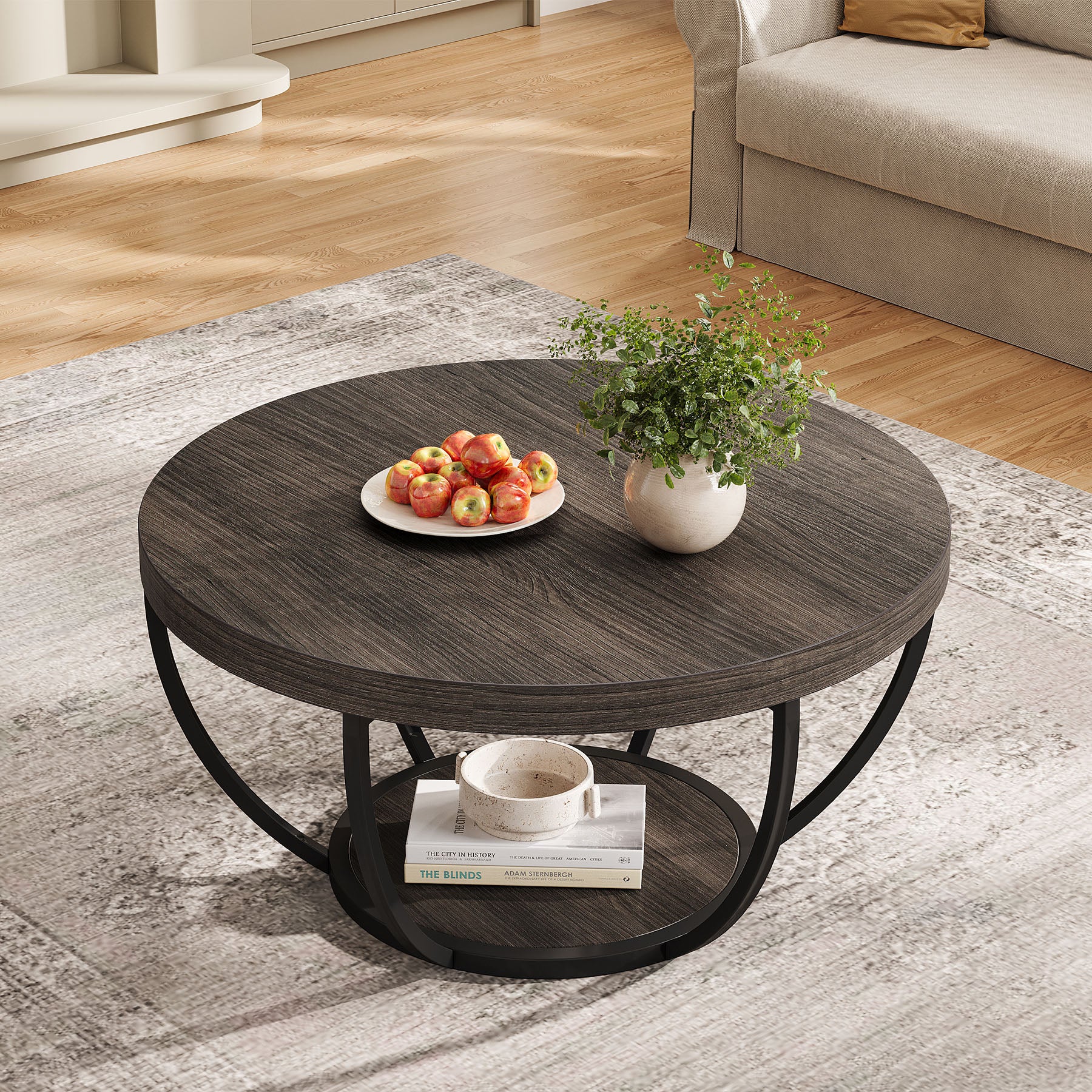 80,5 cm Ronde Industriële Salontafel, Tweelaags Middentafel in Rustiek Bruin en Zwart