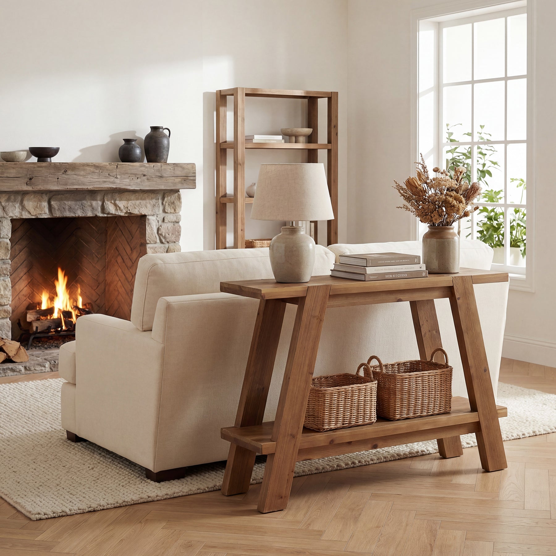 110 cm Massief Houten Consoletafel met 2 Planken, Smalle Haltafel in Landelijke Stijl Bruin