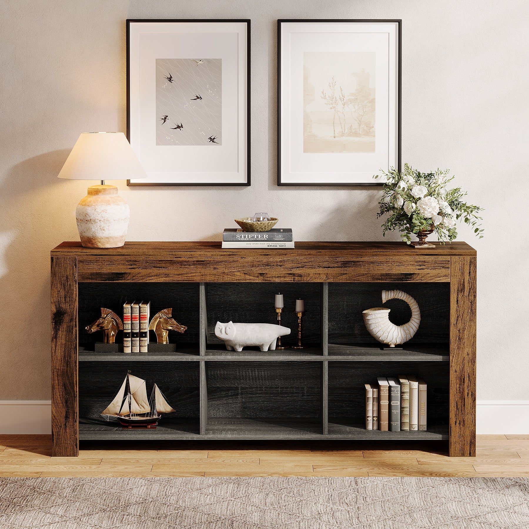 160 cm Consoletafel, Houten Tafel met 6 Opbergvakken voor Entree en Hal