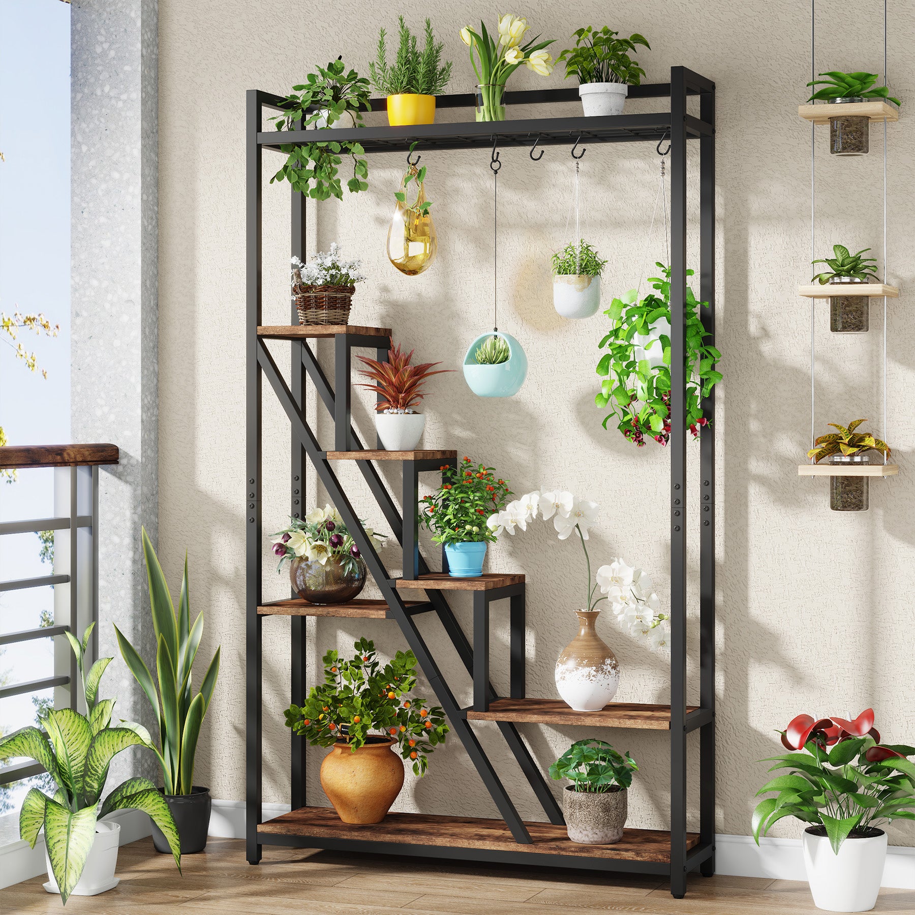180 cm Hoge Plantenstandaard, Zevenlagen Metalen Displayrek voor Binnen en Balkon