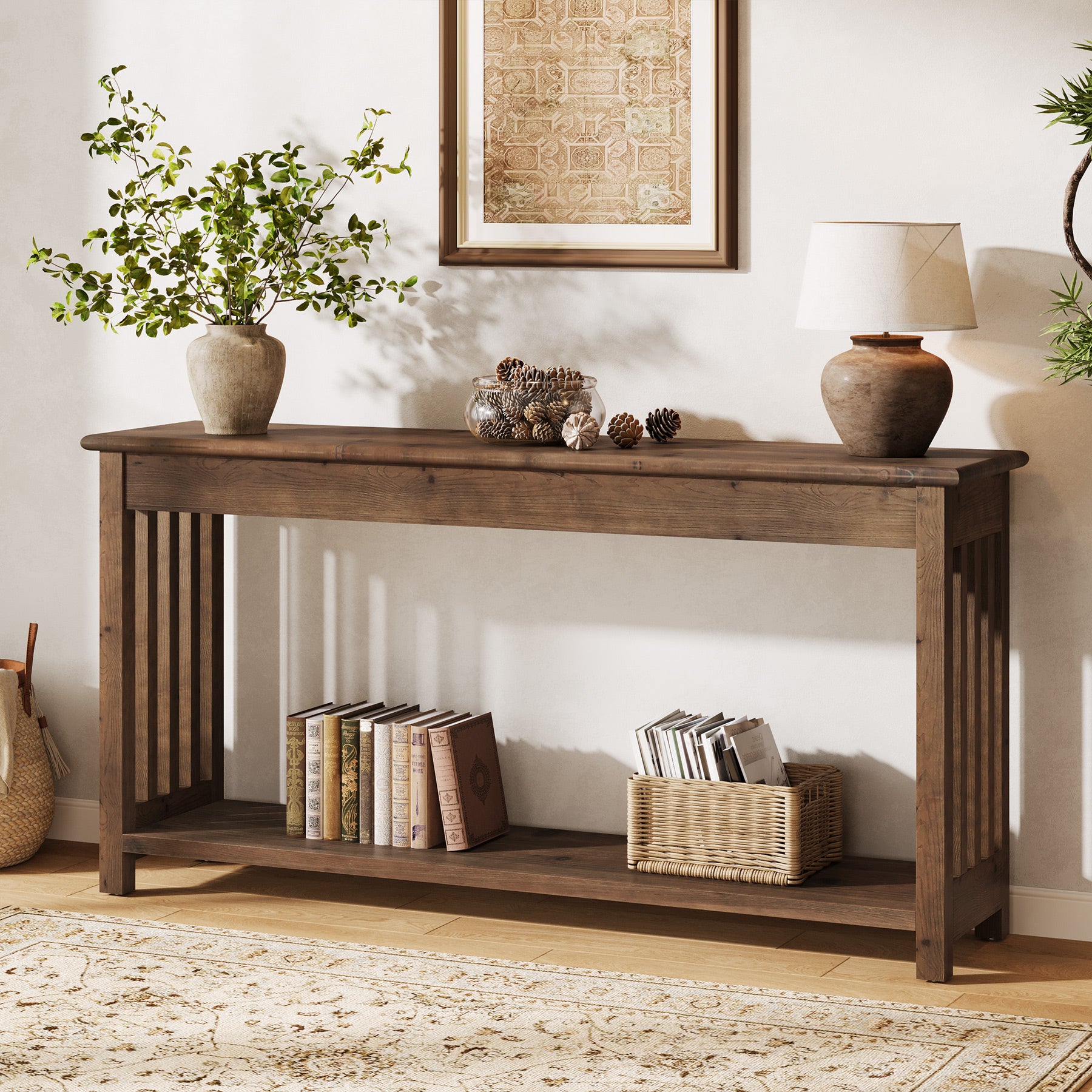 160 cm Houten Consoletafel met 2-Laags Opbergruimte, Lange Sofa Tafel voor Entree