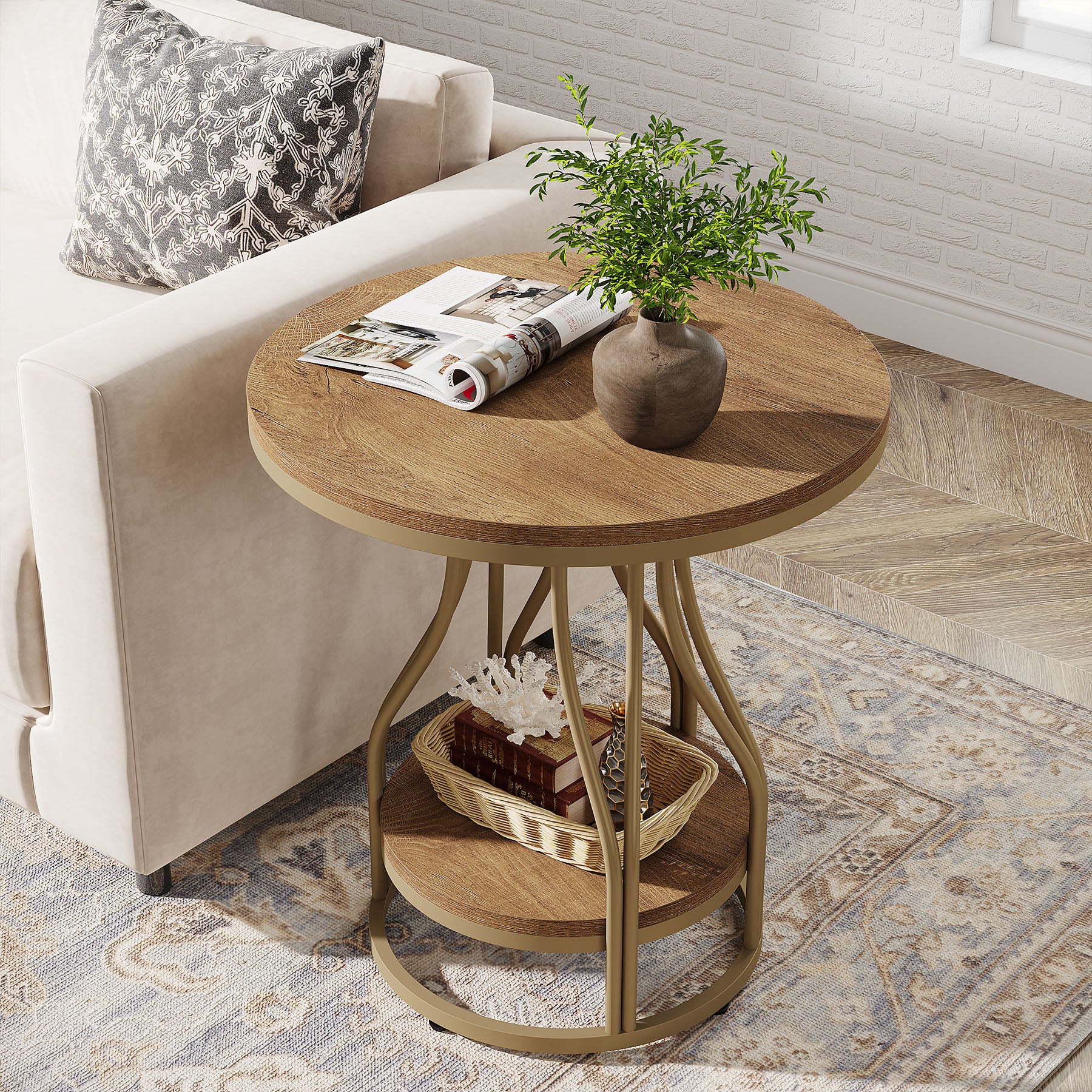 Tribesigns Ronde 2-Laagse Bijzettafel, Modern Nachtkastje met Metaal Frame