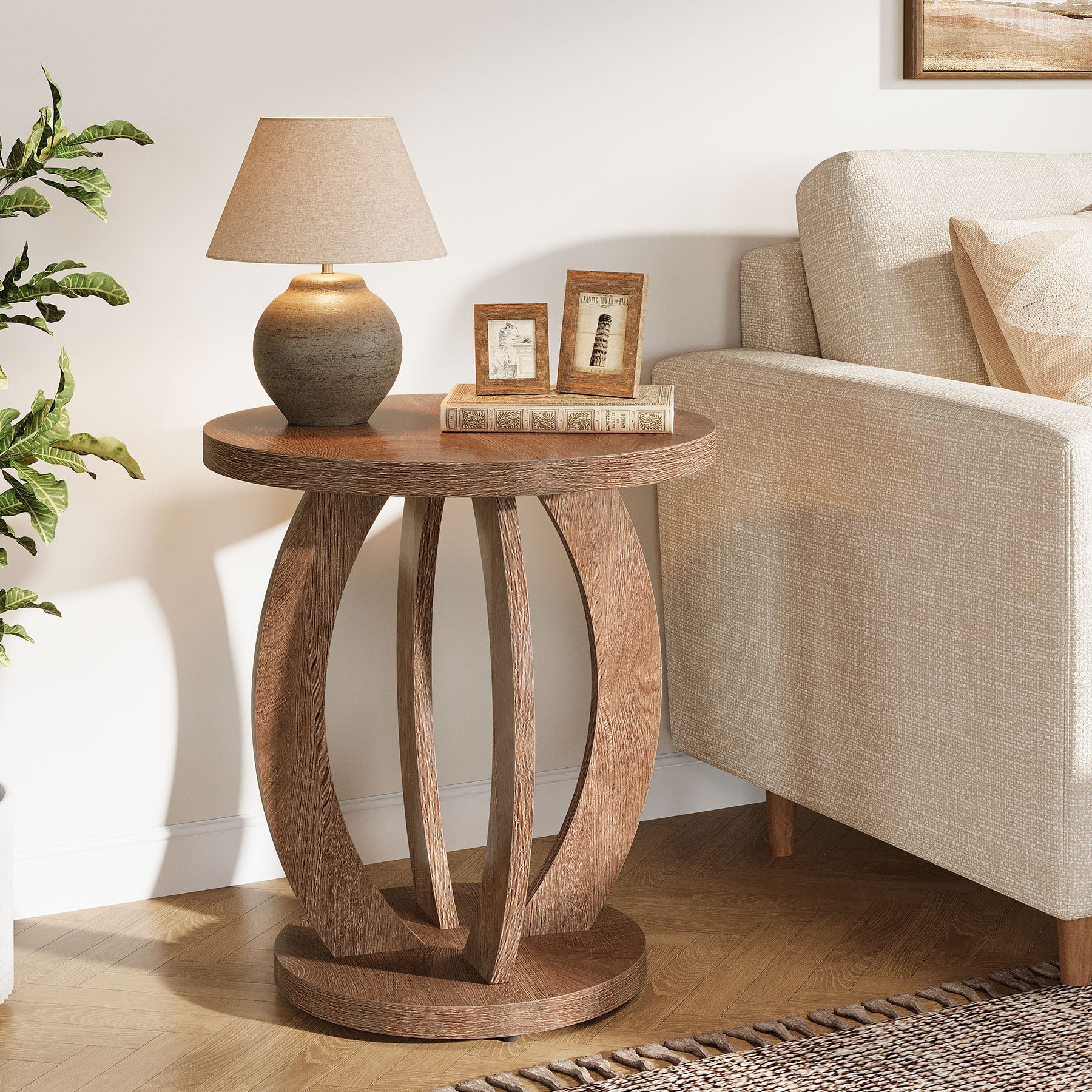 60 cm Compacte ronde bijzettafel met opbergruimte, landelijk tafeltje voor kleine ruimtes