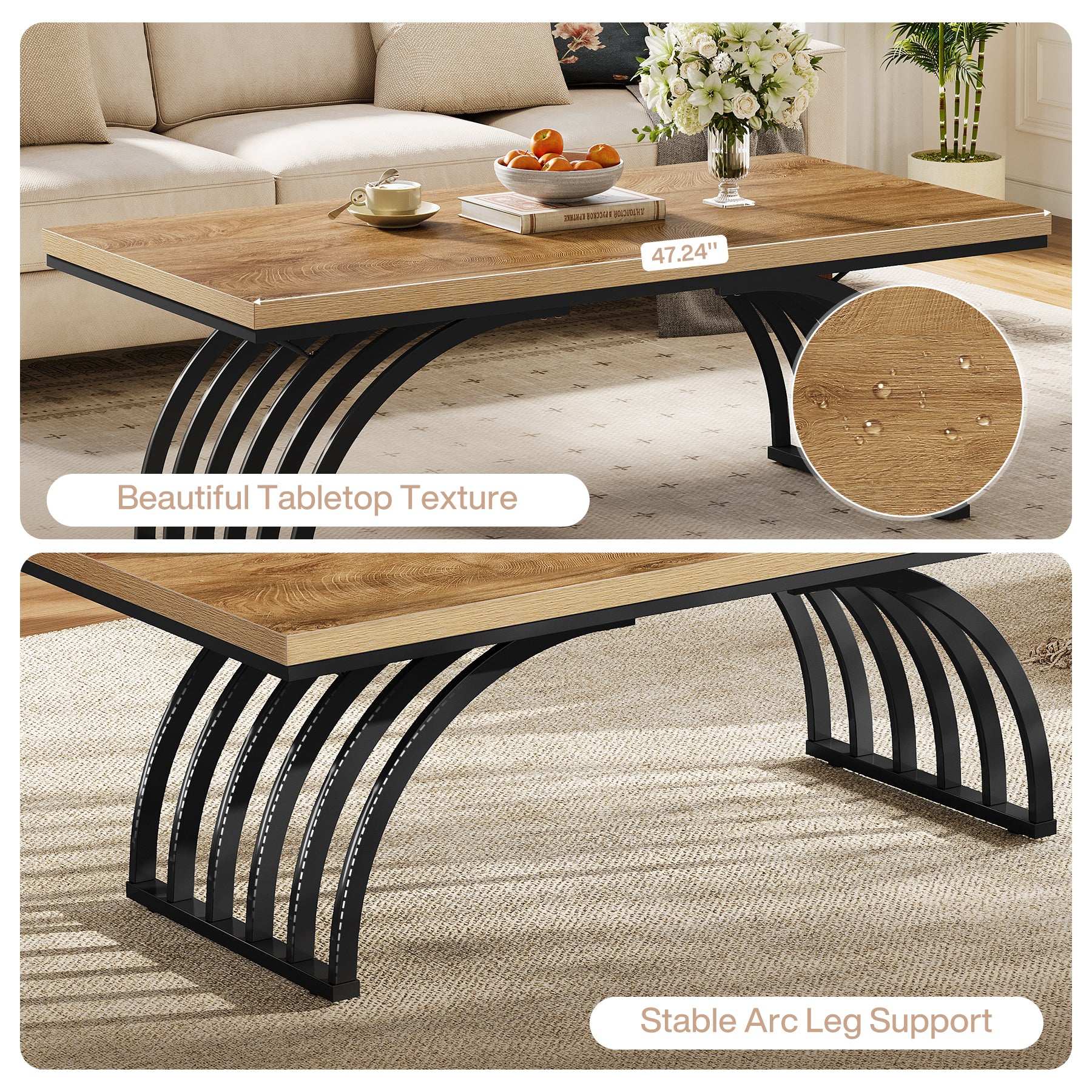 120 cm Rechthoekige Salontafel met Metalen Poten, Rustieke Houten Salontafel