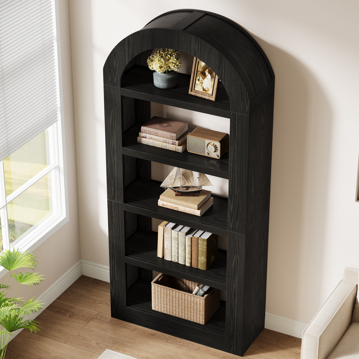 180 cm Boog Boekenkast met 5 Niveaus en Opbergruimte, Houten Open Kast voor Woonkamer en Kantoor