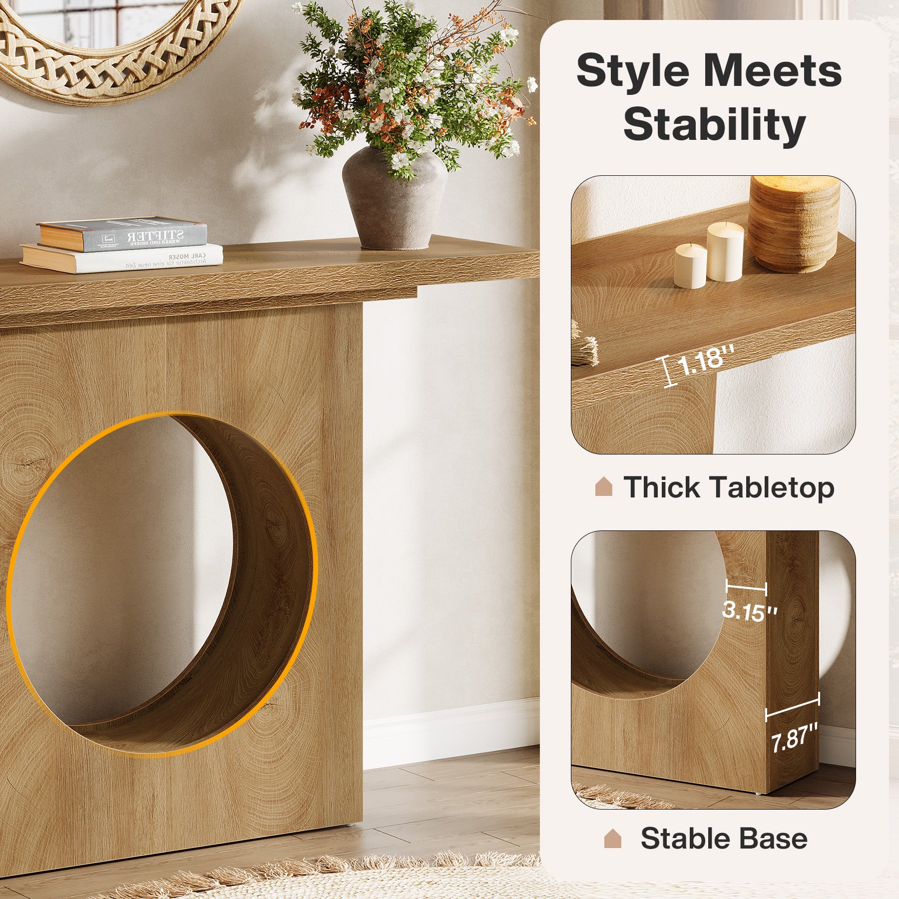 105 cm Landelijke Consoletafel met Rond Gat Ontwerp, Smalle Haltafel voor Woonkamer